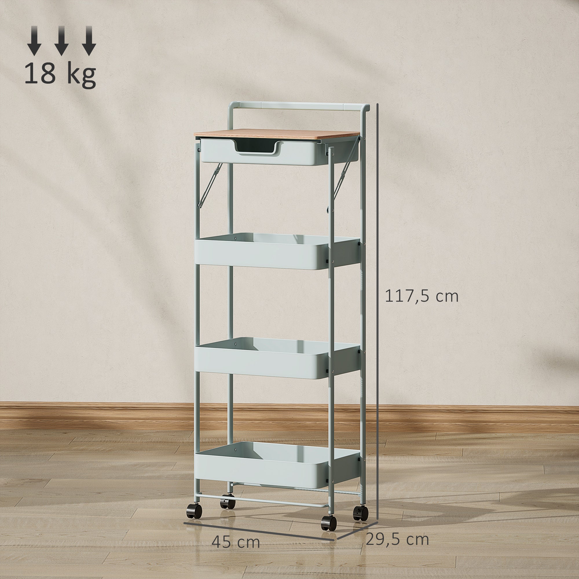 4-Tier Utility Cart with Wheels Kitchen Cart with 1 Drawer and 3 Baskets Organizer Cart for Bedroom Living Room Office Light Green