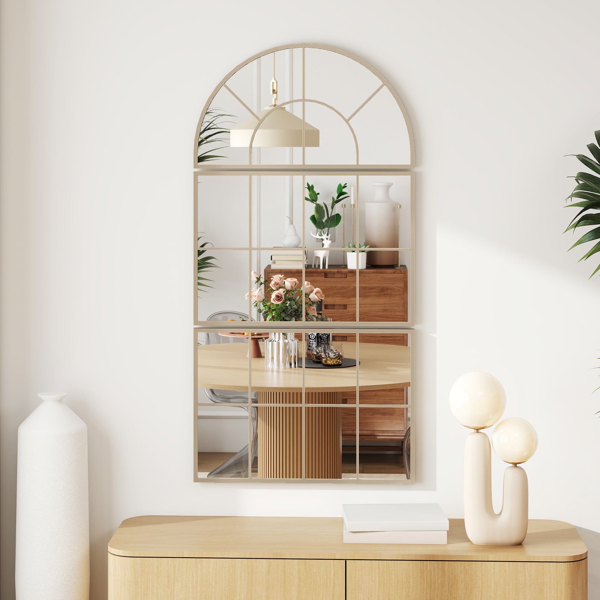 3-Piece Arched Window Wall Mirror, Gold Metal Frame — 30 x 59 in (76 x 150 cm)