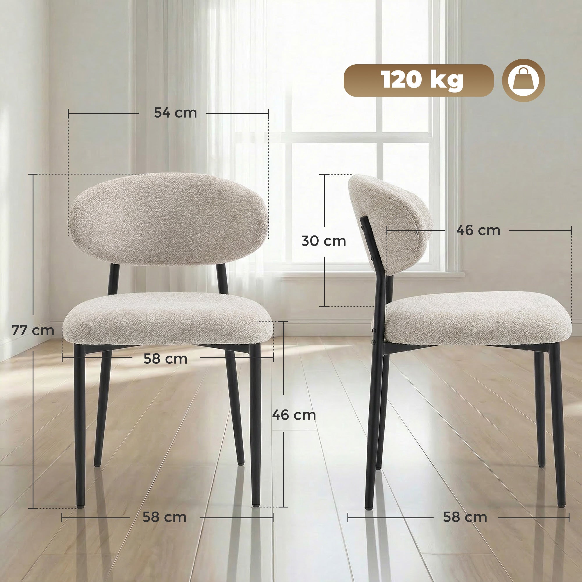Modern 2-Pack Padded Dining Chairs, Linen-Look Upholstery, Curved Back, Wide Seat, Steel Legs, Beige