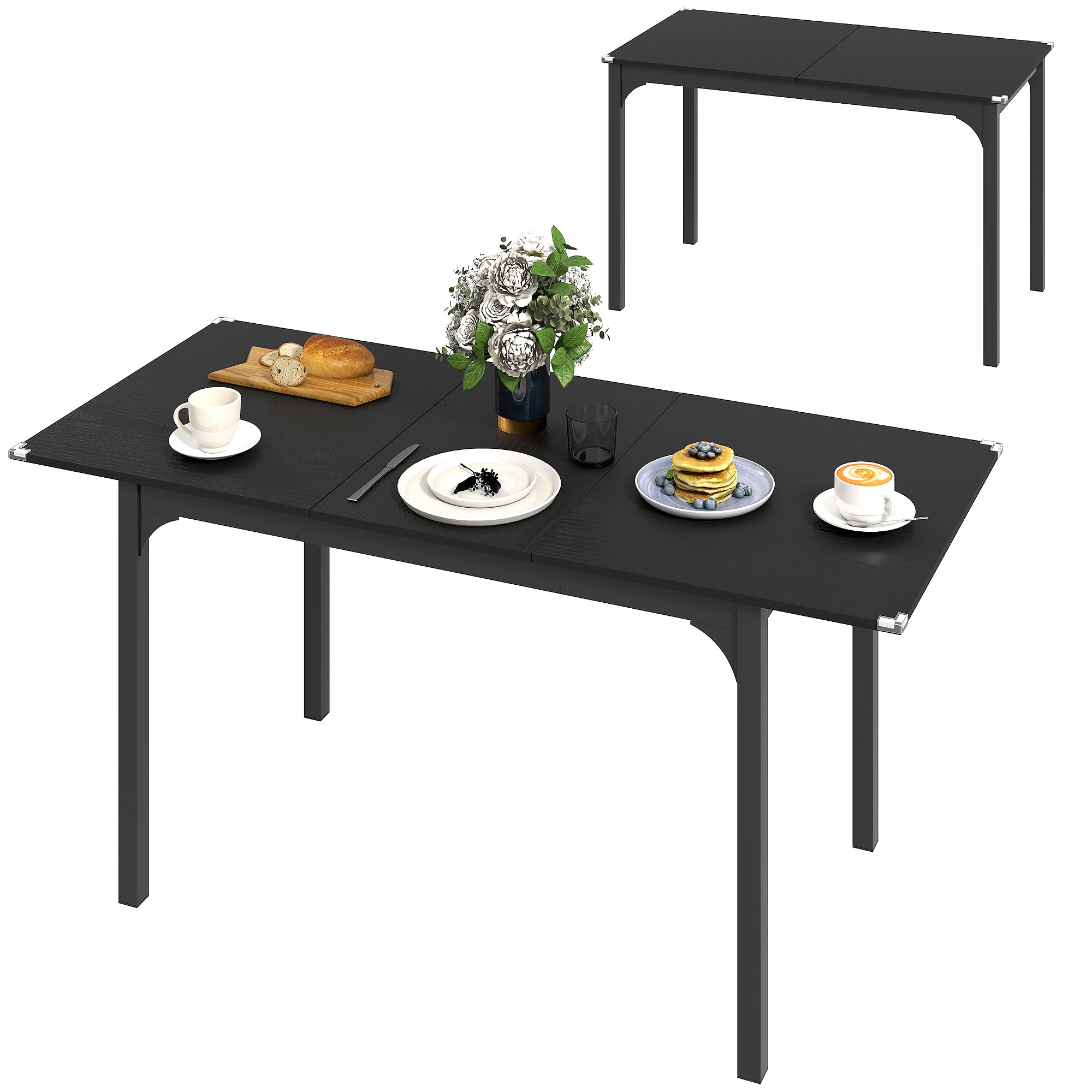 Folding Dining Table, Extendable Rectangular Kitchen Table for 4 to 6 people, Steel Legs, for Small Spaces, Dining Room, Black
