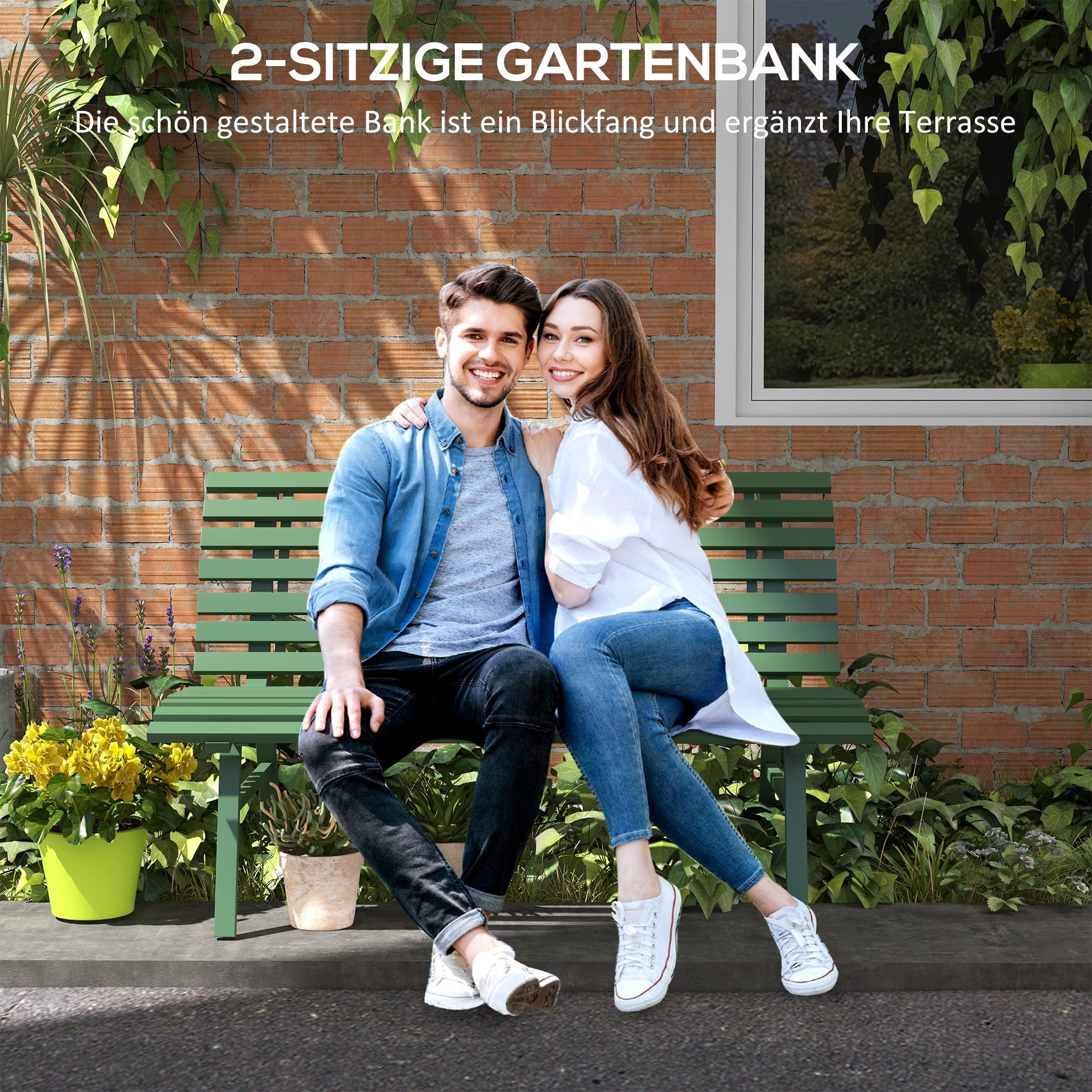 2-Seater Aluminum Garden Bench, Weatherproof Bench, UV-Resistant Garden Furniture with Slatted Design, Park Bench 240kg Load Capacity, Balcony Bench for Balcony Terrace, Garden, 123x67x79cm, Green
