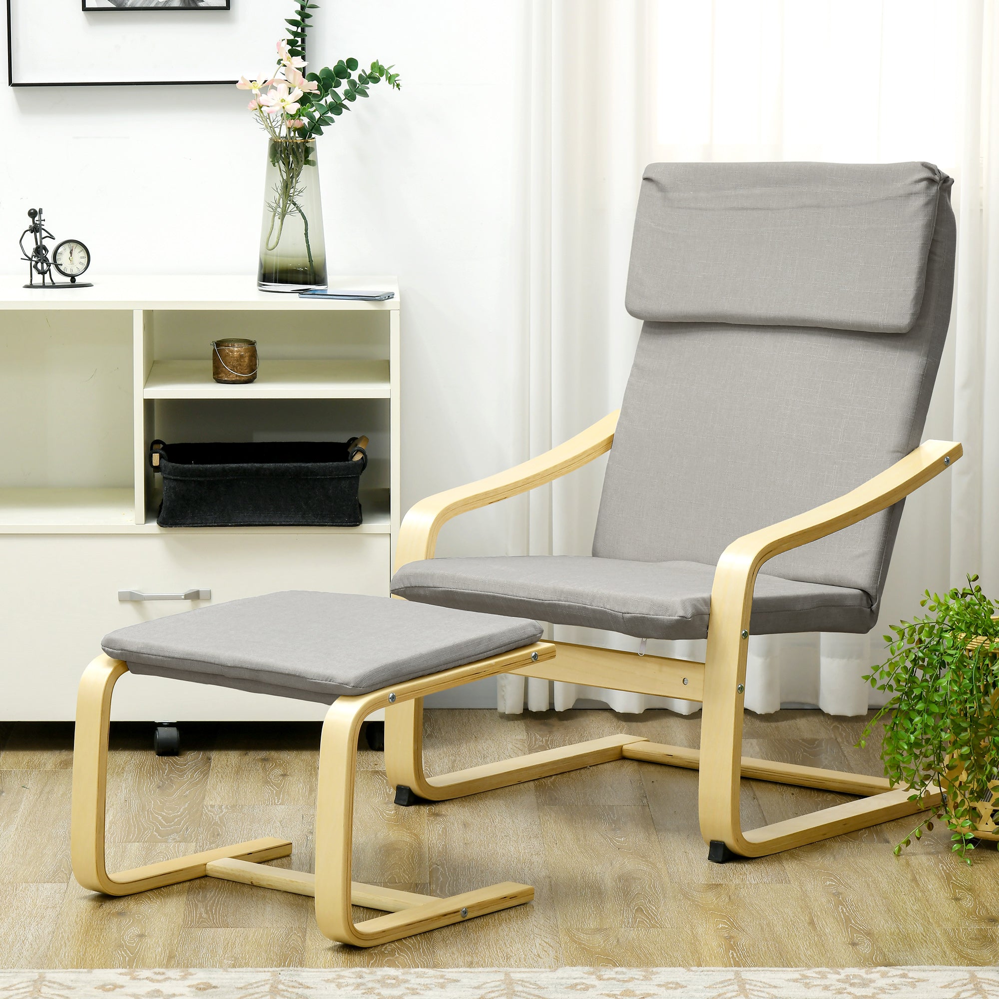 Recliner with Footstool, Lounge Chair with Ottoman, Reading Chair, Recliner with Armrest, Rocking Chair, Reclining Chair with Linen Cover for Living Room, Balcony, Hallway, Light Gray 66.5 x 80 x 99 cm