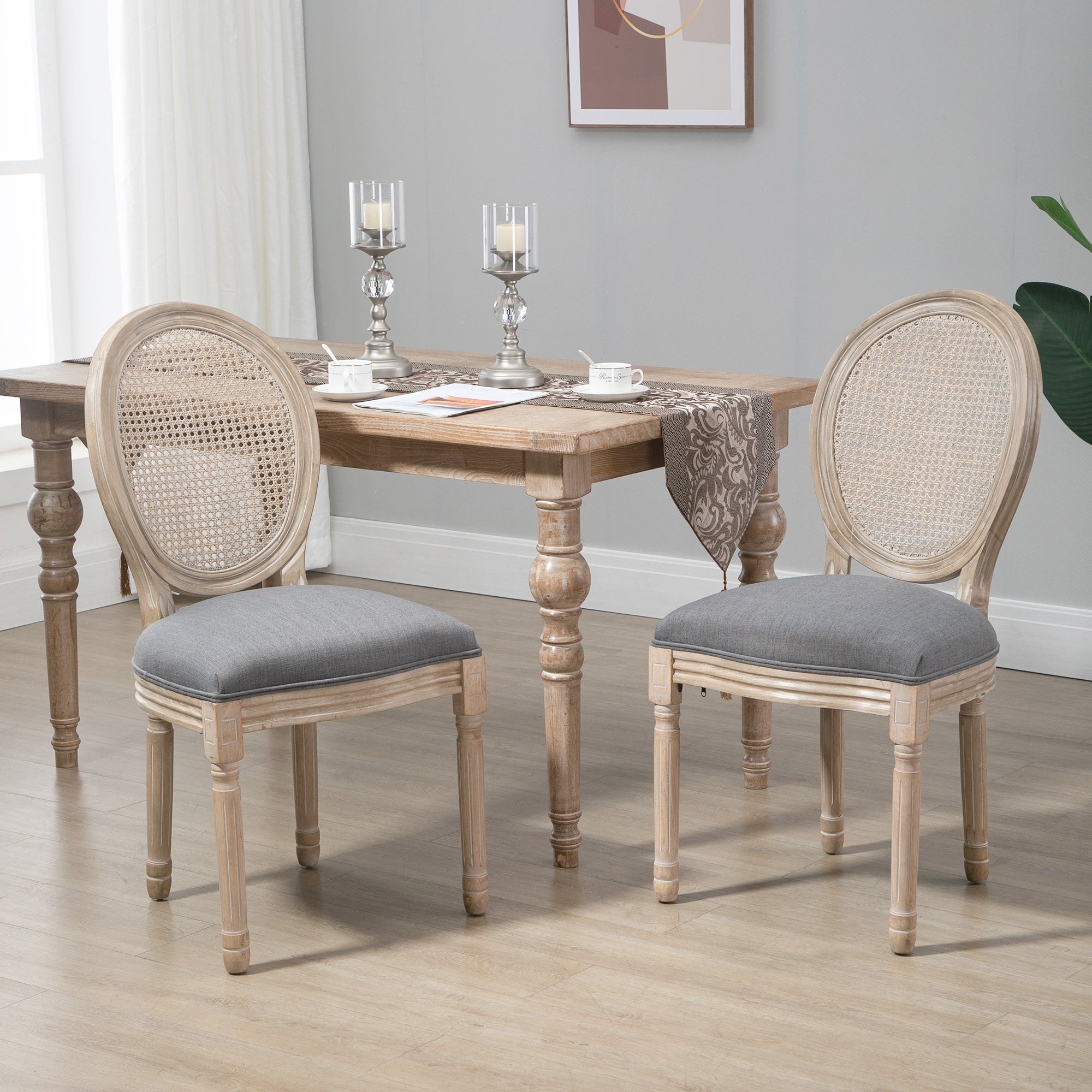 Dining Chairs 2-Piece Set Kitchen Chair with Rattan Backrest, Linen Look, Upholstered Chair in French Style, for Living Room, Dining Room, Gray