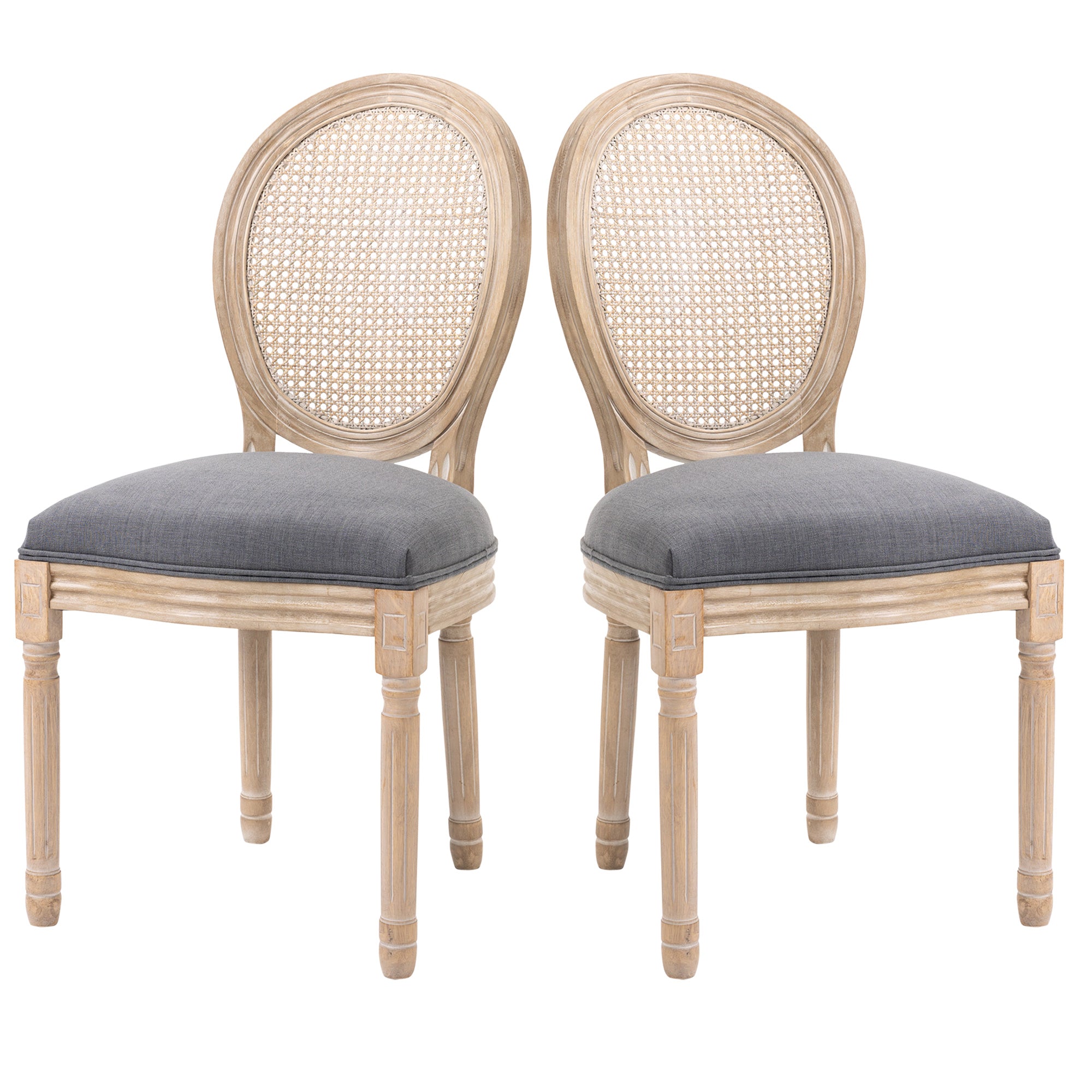 Dining Chairs 2-Piece Set Kitchen Chair with Rattan Backrest, Linen Look, Upholstered Chair in French Style, for Living Room, Dining Room, Gray