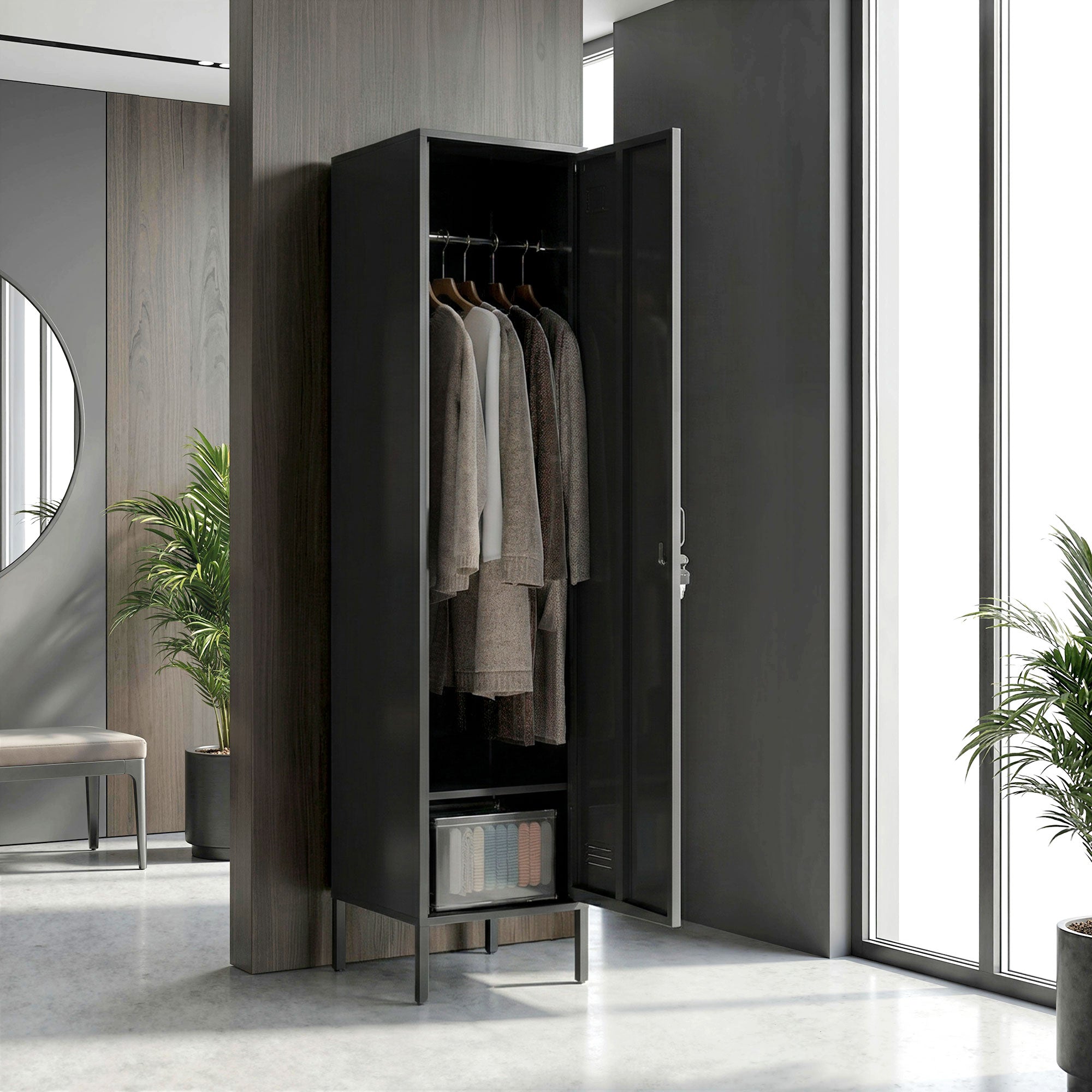 Steel Locker with Lock, Hanging Rail, Label Holder & Ventilated Door, 15.7 x 15.7 x 70.5 in, Black