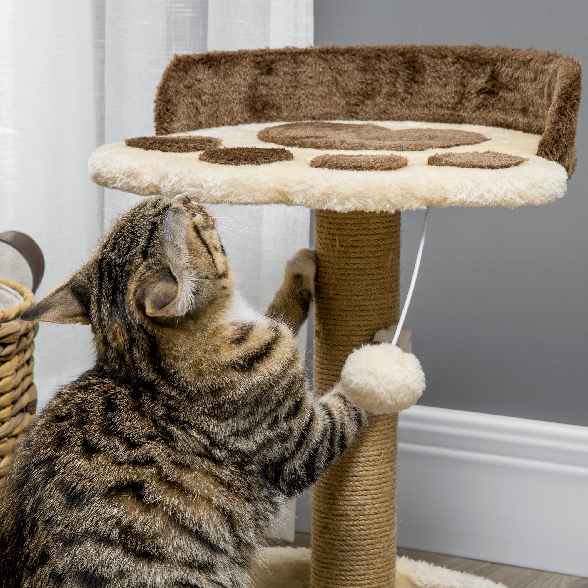 Cat Scratching Post Tree Claw Scratcher in Paw Shape with 2 Platforms and a Hanging Plush Pompon - Brown