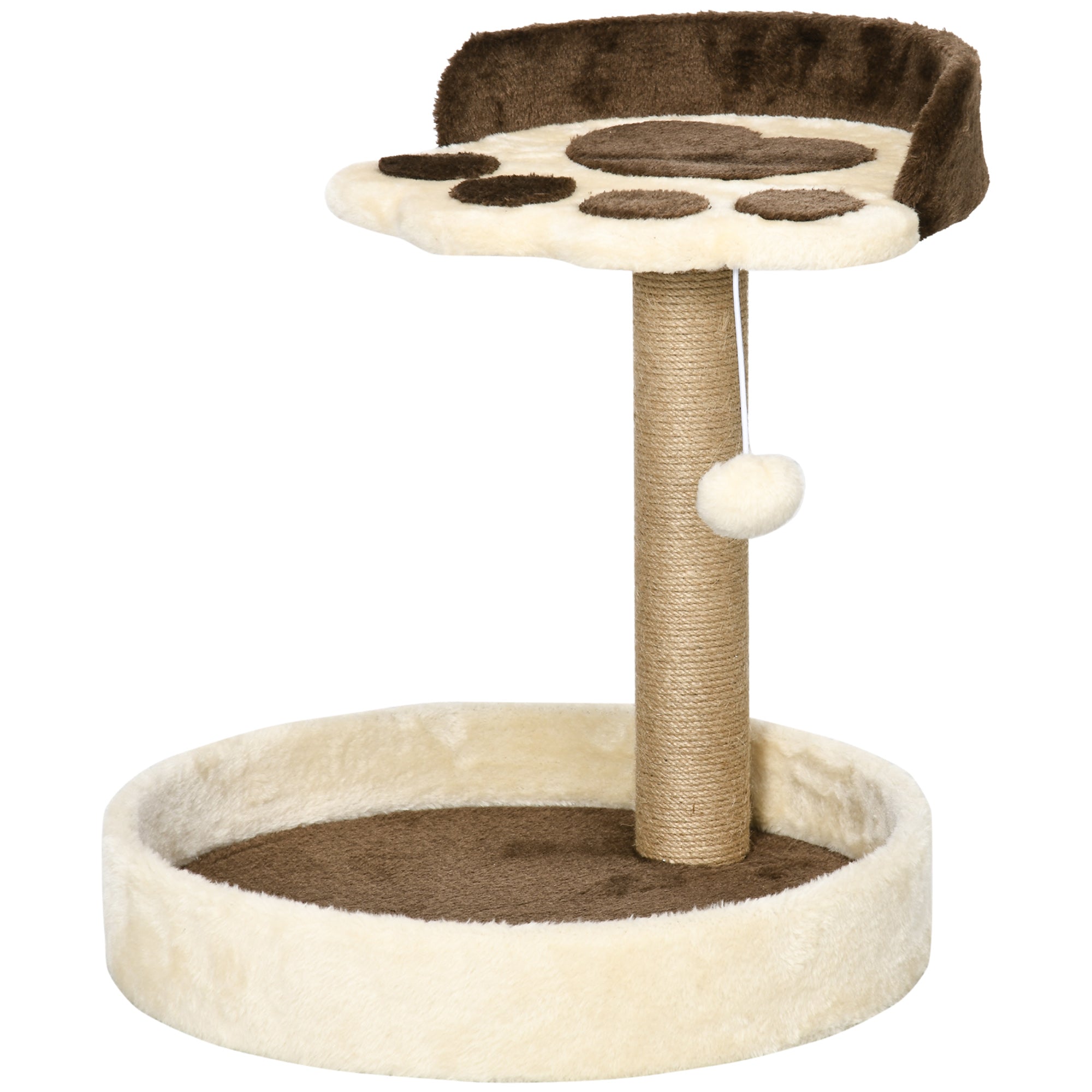Cat Scratching Post Tree Claw Scratcher in Paw Shape with 2 Platforms and a Hanging Plush Pompon - Brown