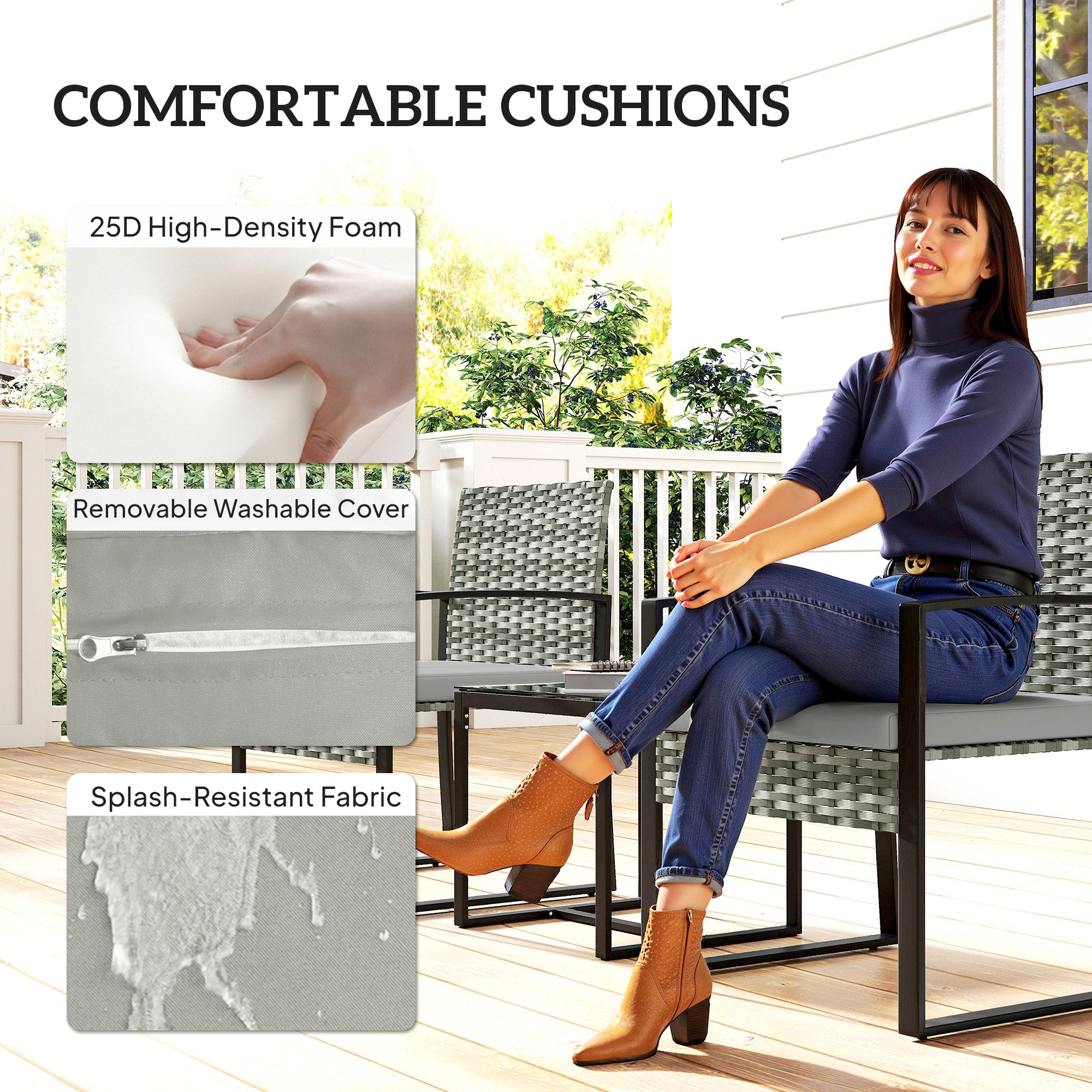 PE Rattan Bistro Set, 3-Piece Garden Set with 2 Chairs, Side Table, Removable Cushions, Balcony/Patio, Light Gray