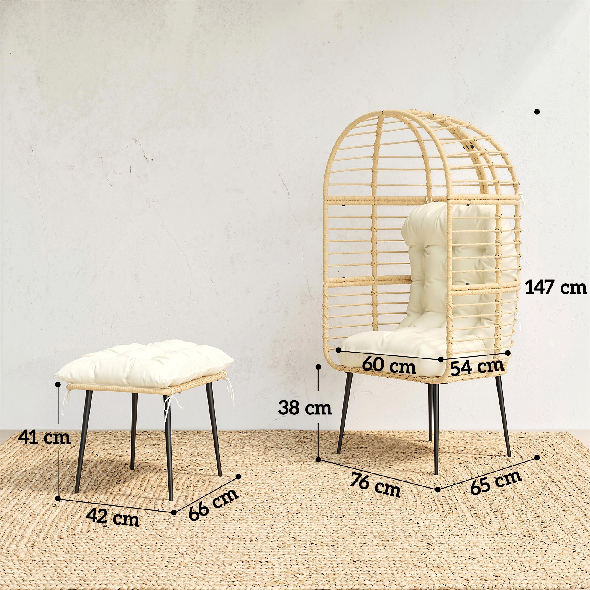 Egg-Shaped PE Rattan Lounge Chair with Ottoman — Boho Patio & Indoor Lounger with Thick Cushions, Powder-Coated Frame, Beige