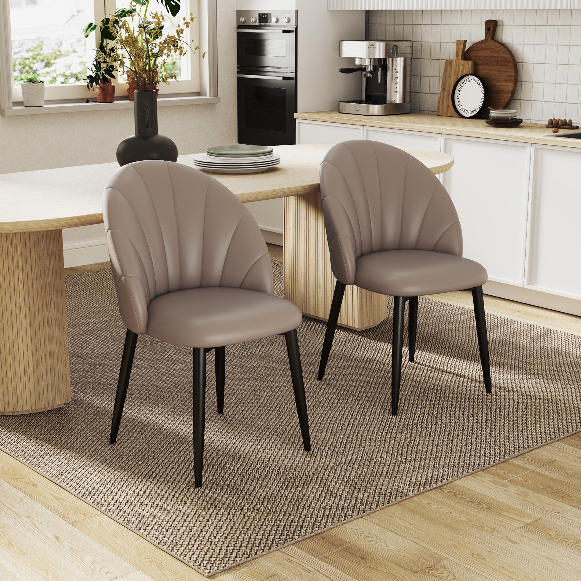 Set of 2 Dining Room Chairs, Modern Kitchen Chairs with Shell Back and Metal Legs, PU Upholstered Chair for Kitchen, Bedroom, Office, and Living Room, Brown