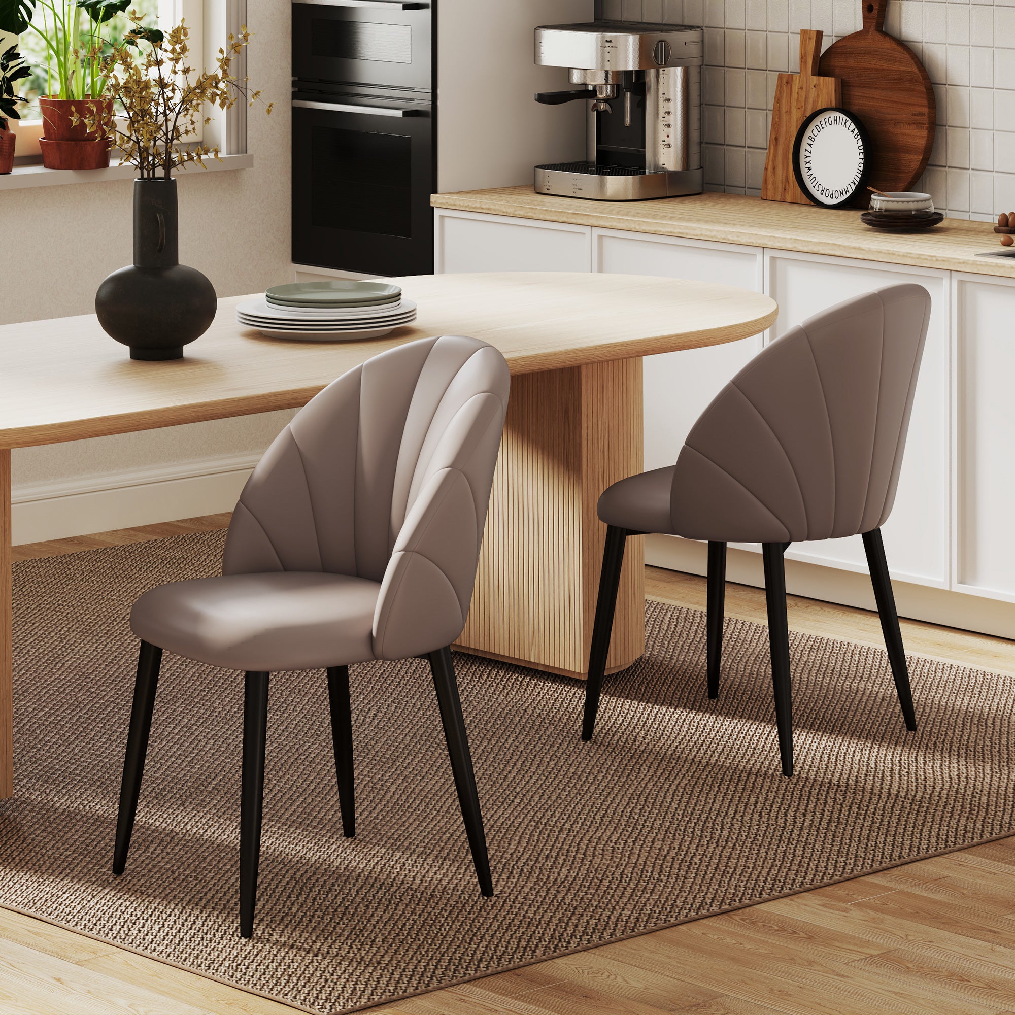 Set of 2 Dining Room Chairs, Modern Kitchen Chairs with Shell Back and Metal Legs, PU Upholstered Chair for Kitchen, Bedroom, Office, and Living Room, Brown