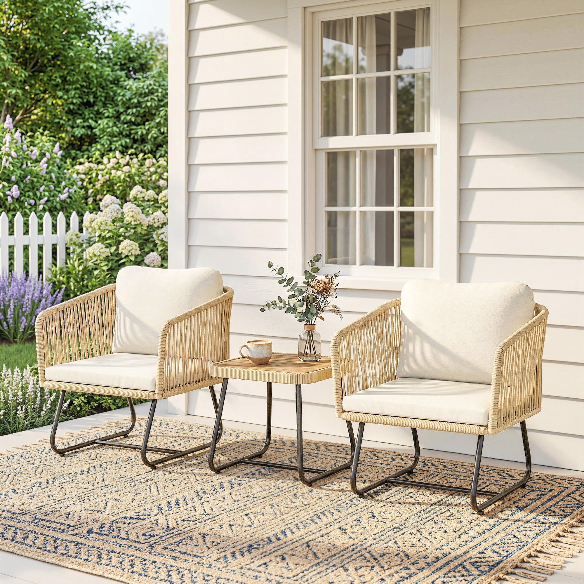 3-Piece Rattan Bistro Set with Acacia Slatted Table & 2 Padded Chairs, Cream White
