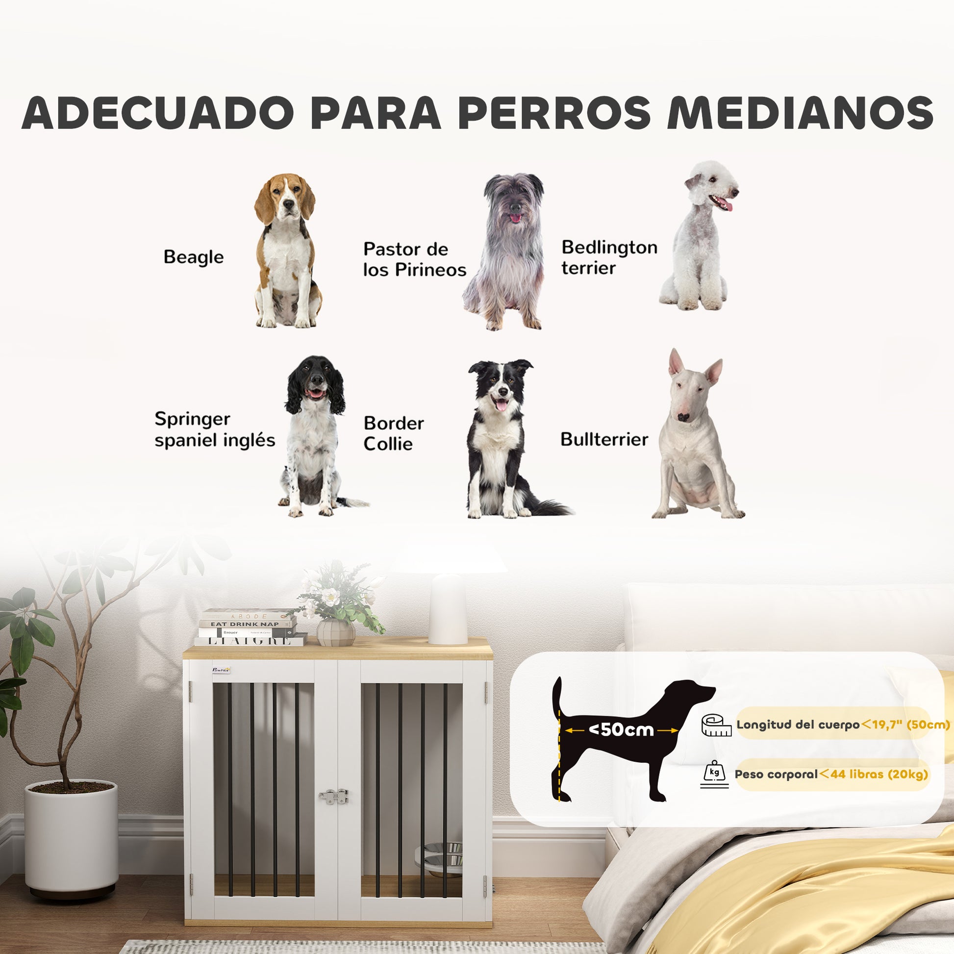 Medium Dog Crate 2-in-1 Side Table with 2 Doors with Latch 360° Swivel Feeder 2 Bowls and Anti-Slip Pads 80x55x71.5 cm White