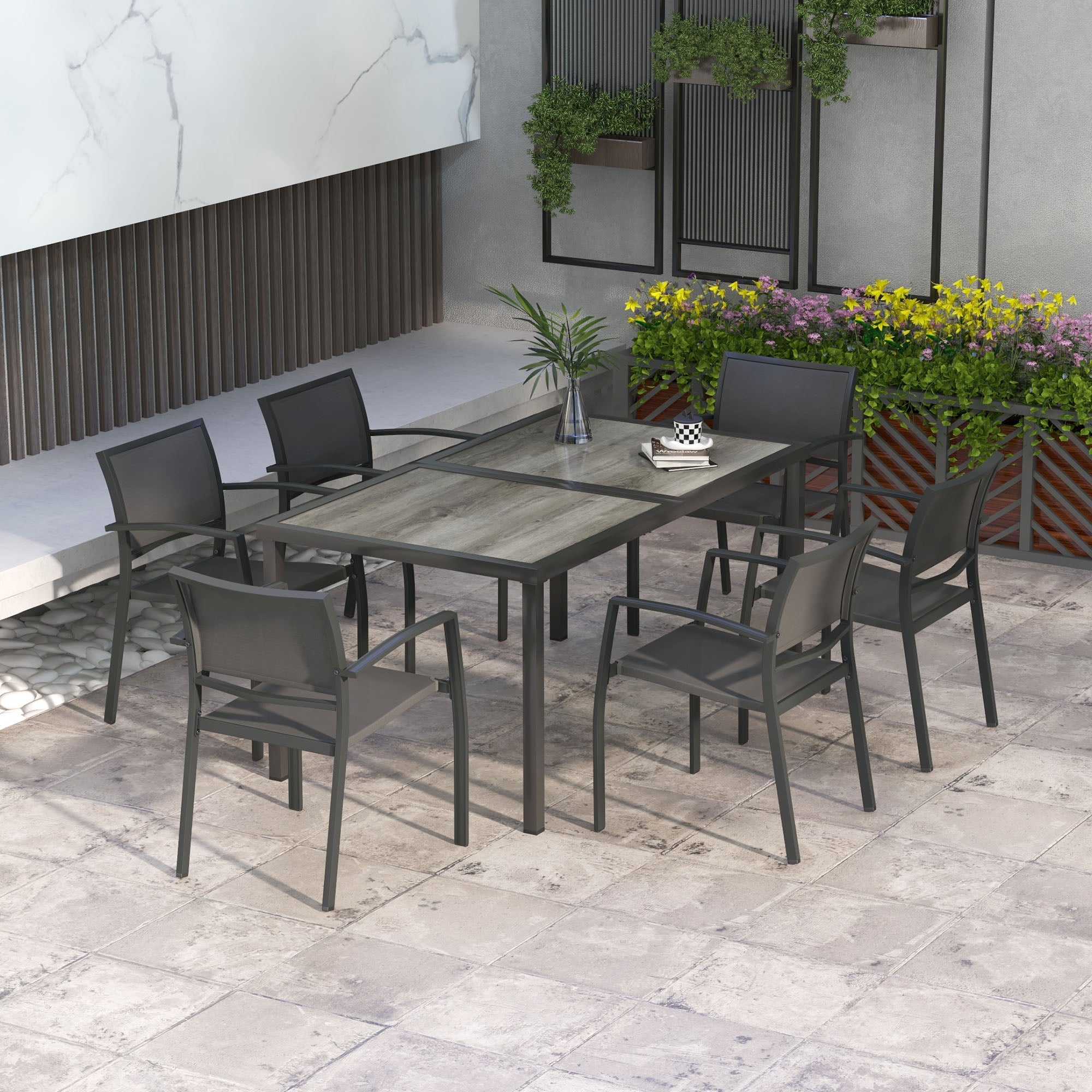 Steel Garden Set 7 Pieces Dining Set with 1 Table and 6 Stackable Metal Epoxy Textilene Dark Gray Chairs