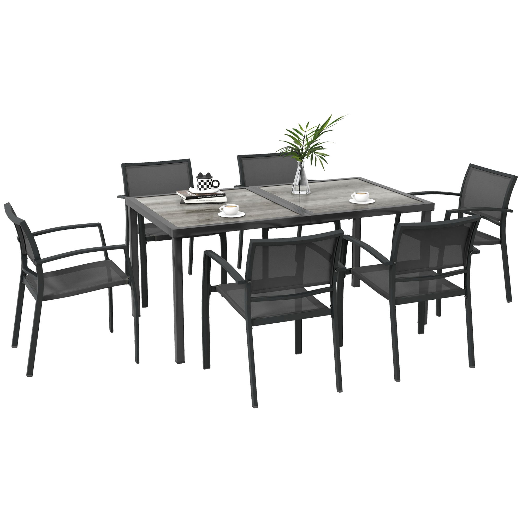 Steel Garden Set 7 Pieces Dining Set with 1 Table and 6 Stackable Metal Epoxy Textilene Dark Gray Chairs