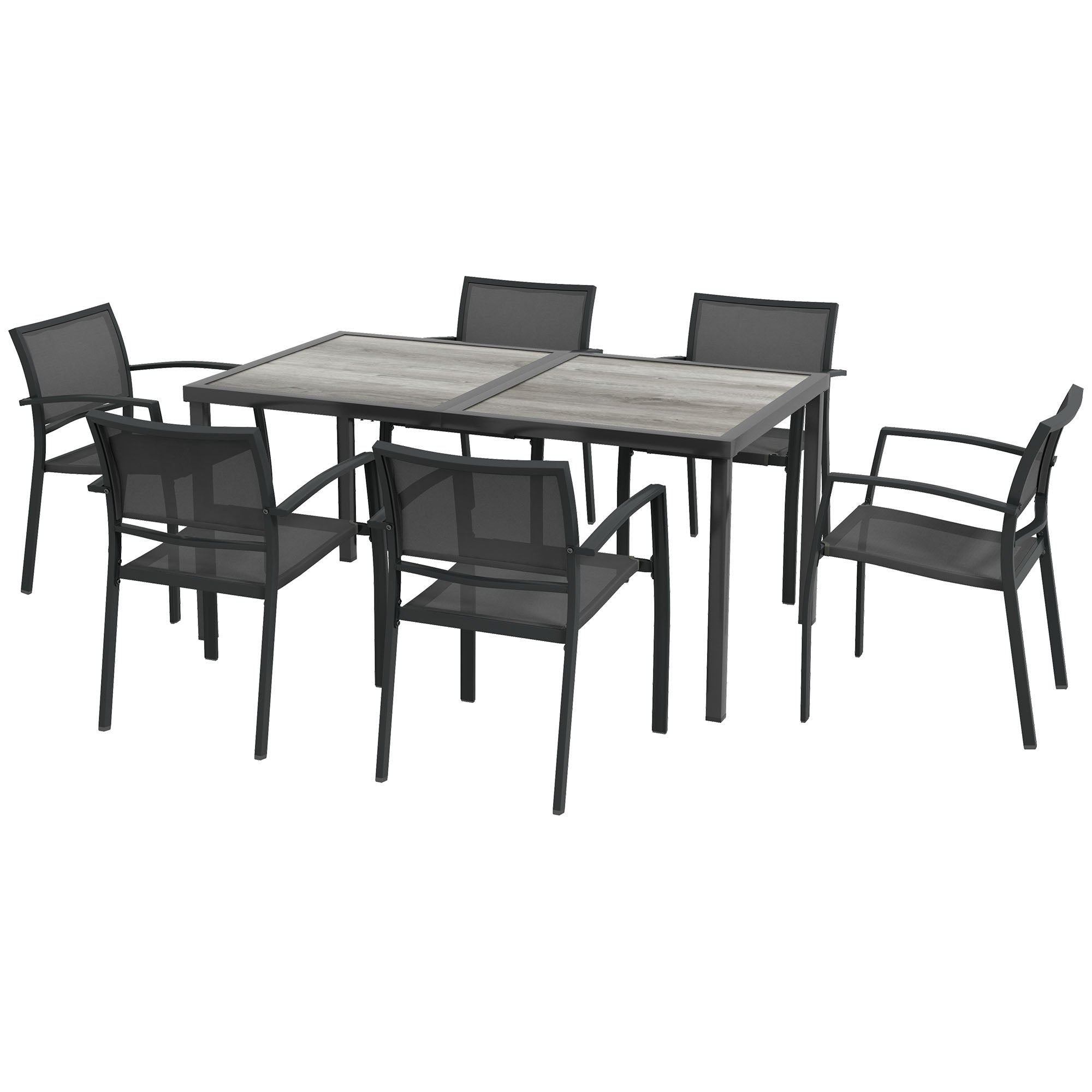 Steel Garden Set 7 Pieces Dining Set with 1 Table and 6 Stackable Metal Epoxy Textilene Dark Gray Chairs