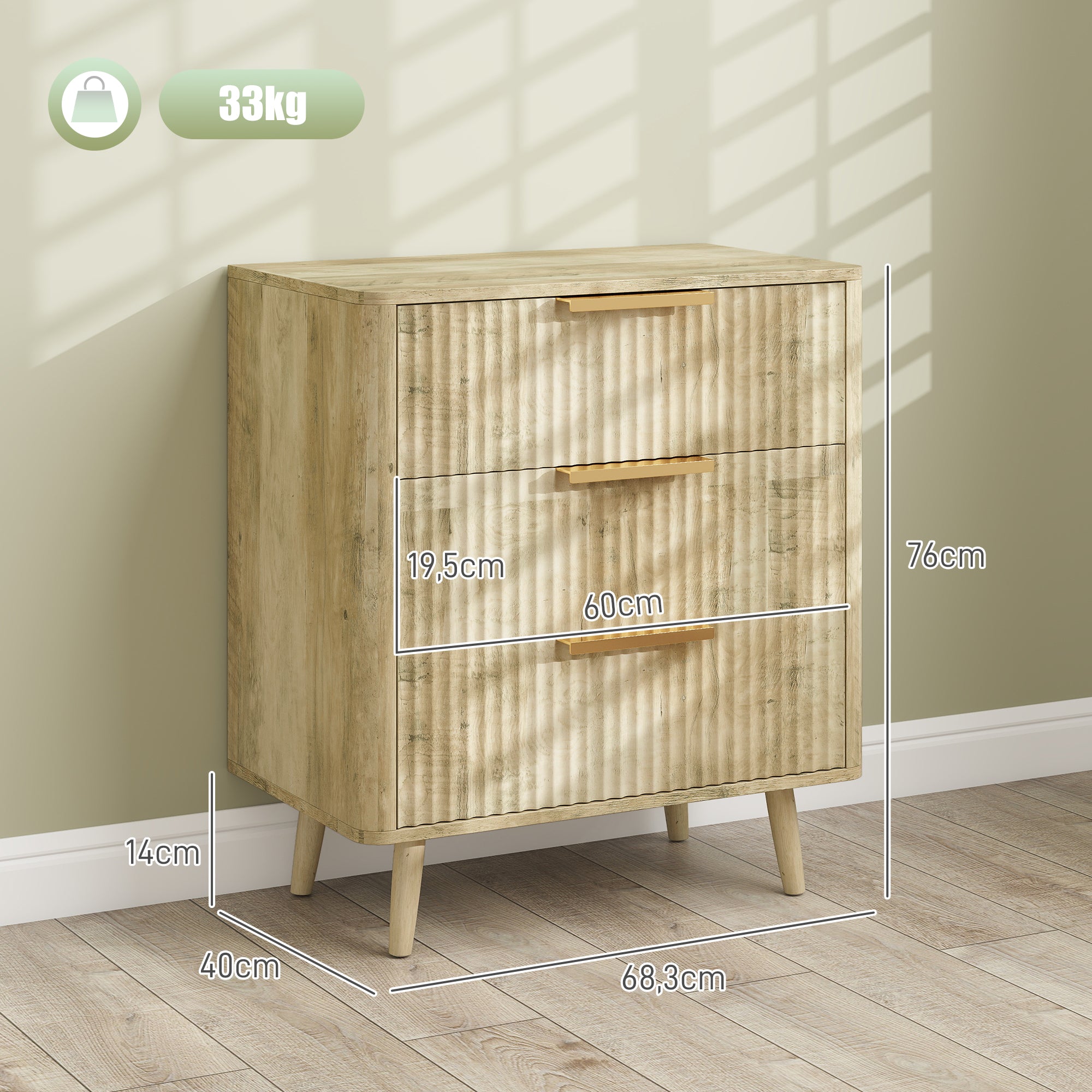 3-Drawer Dresser Scandinavian Style Storage Unit with Pine Handles and Legs, Fluted Wood Effect, Bedroom Dresser, Living Room, Hallway - 68.3 x 40 x 76 cm, Oak