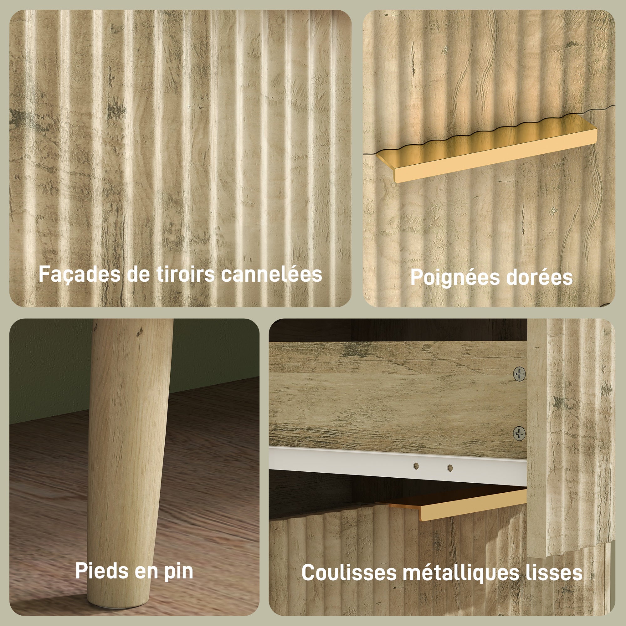 3-Drawer Dresser Scandinavian Style Storage Unit with Pine Handles and Legs, Fluted Wood Effect, Bedroom Dresser, Living Room, Hallway - 68.3 x 40 x 76 cm, Oak