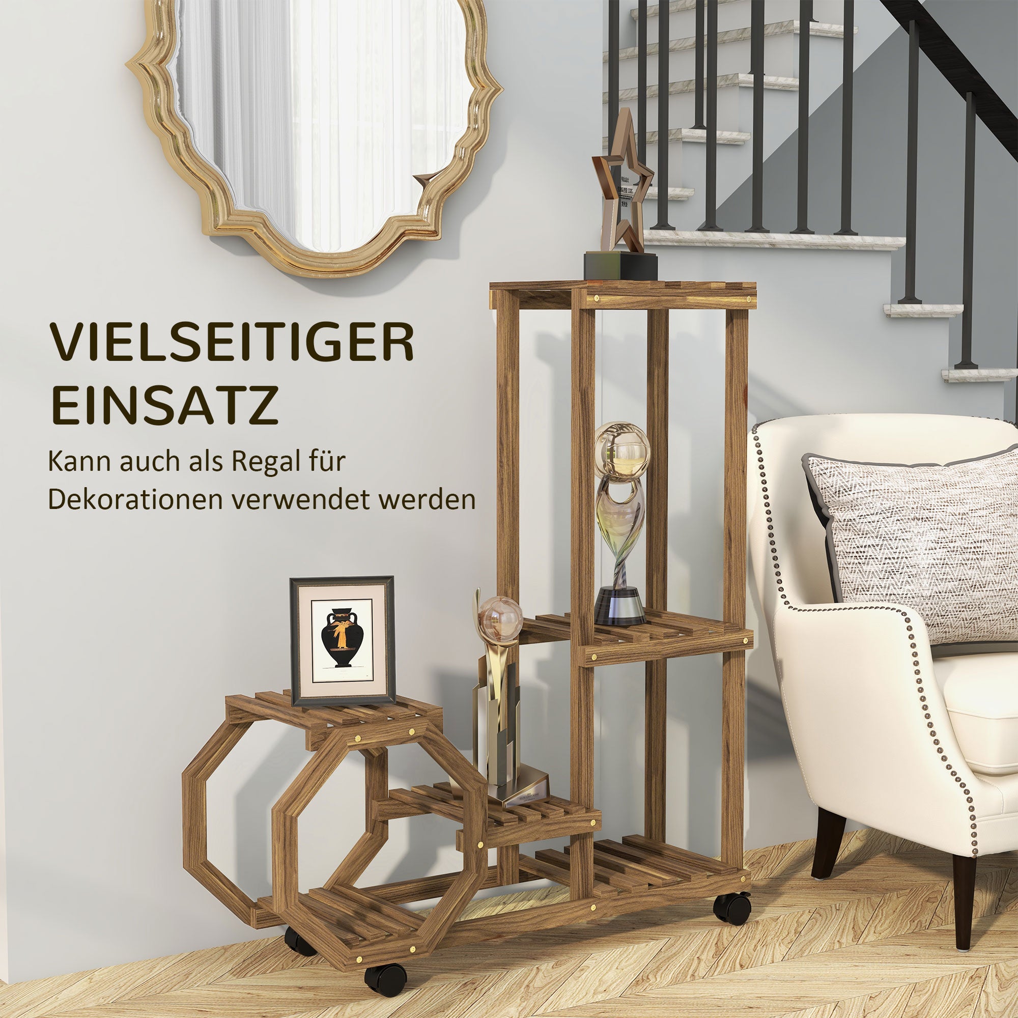 Wood Plant Stand, Flower Rack with Wheels, Plant Stand with 5 Levels, Plant Stand, Plant Rack, Plant Stand for Garden, Balcony, Charred, 86 x 30 x 102 cm