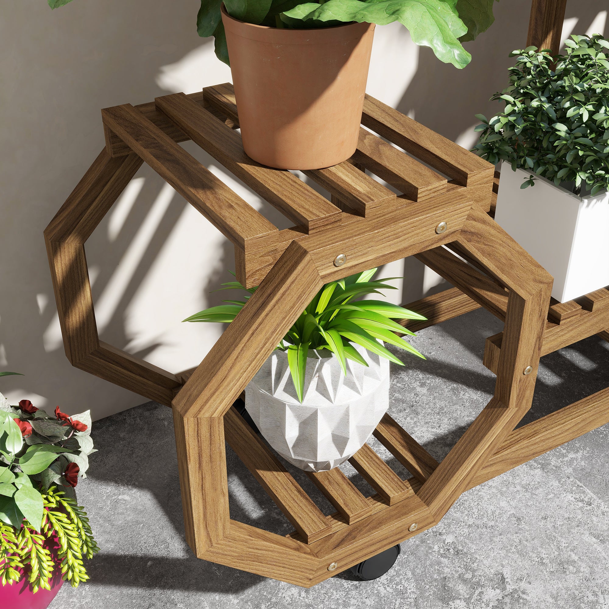 Wood Plant Stand, Flower Rack with Wheels, Plant Stand with 5 Levels, Plant Stand, Plant Rack, Plant Stand for Garden, Balcony, Charred, 86 x 30 x 102 cm