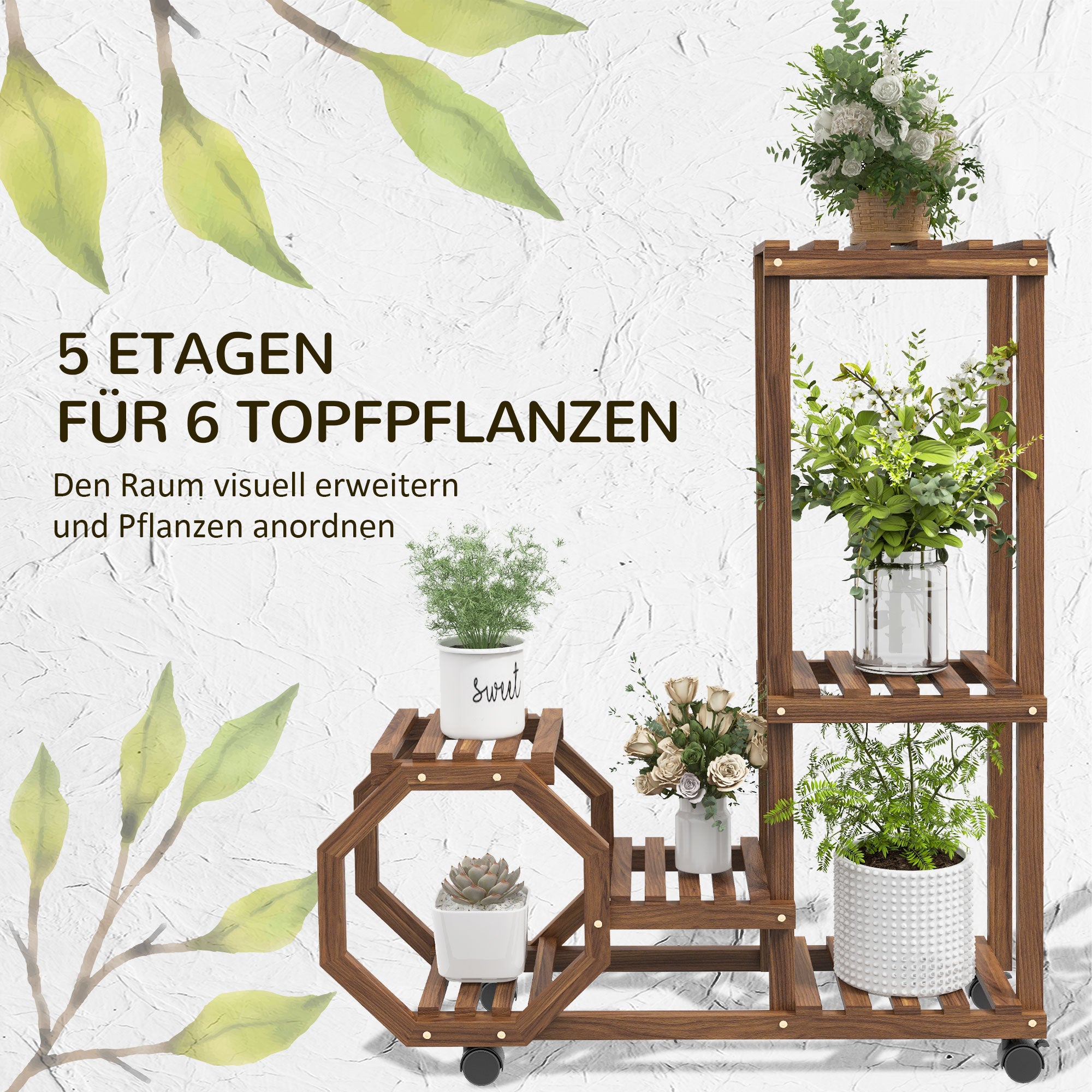 Wood Plant Stand, Flower Rack with Wheels, Plant Stand with 5 Levels, Plant Stand, Plant Rack, Plant Stand for Garden, Balcony, Charred, 86 x 30 x 102 cm