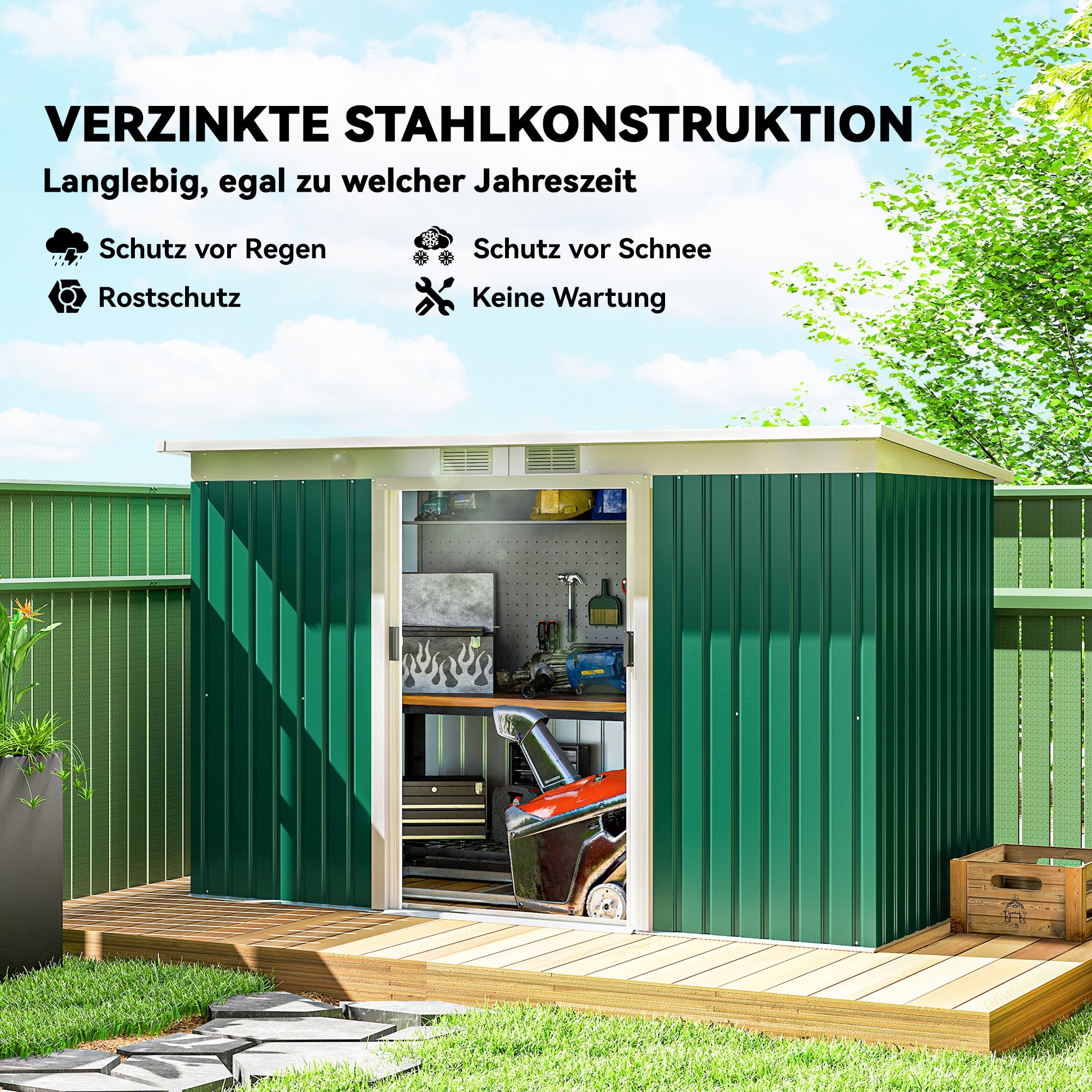 Metal Tool Shed 6.3m³ 280x130x172cm Equipment Shed with Pent Roof Sliding Door Weatherproof Garden Shed Outdoor Garden Storage Cabinet for Backyard Outdoor Area Anthracite, Dark Green