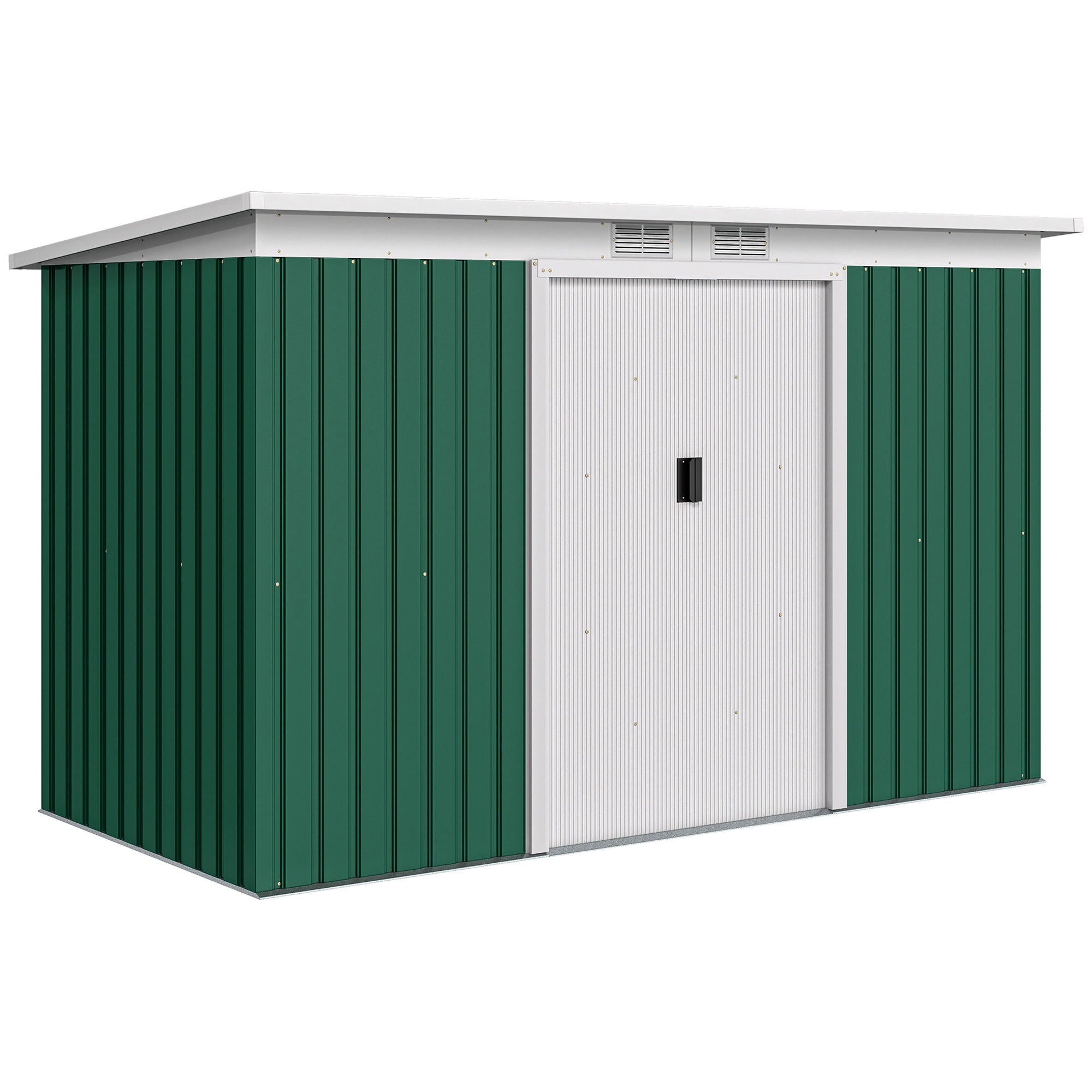 Metal Tool Shed 6.3m³ 280x130x172cm Equipment Shed with Pent Roof Sliding Door Weatherproof Garden Shed Outdoor Garden Storage Cabinet for Backyard Outdoor Area Anthracite, Dark Green