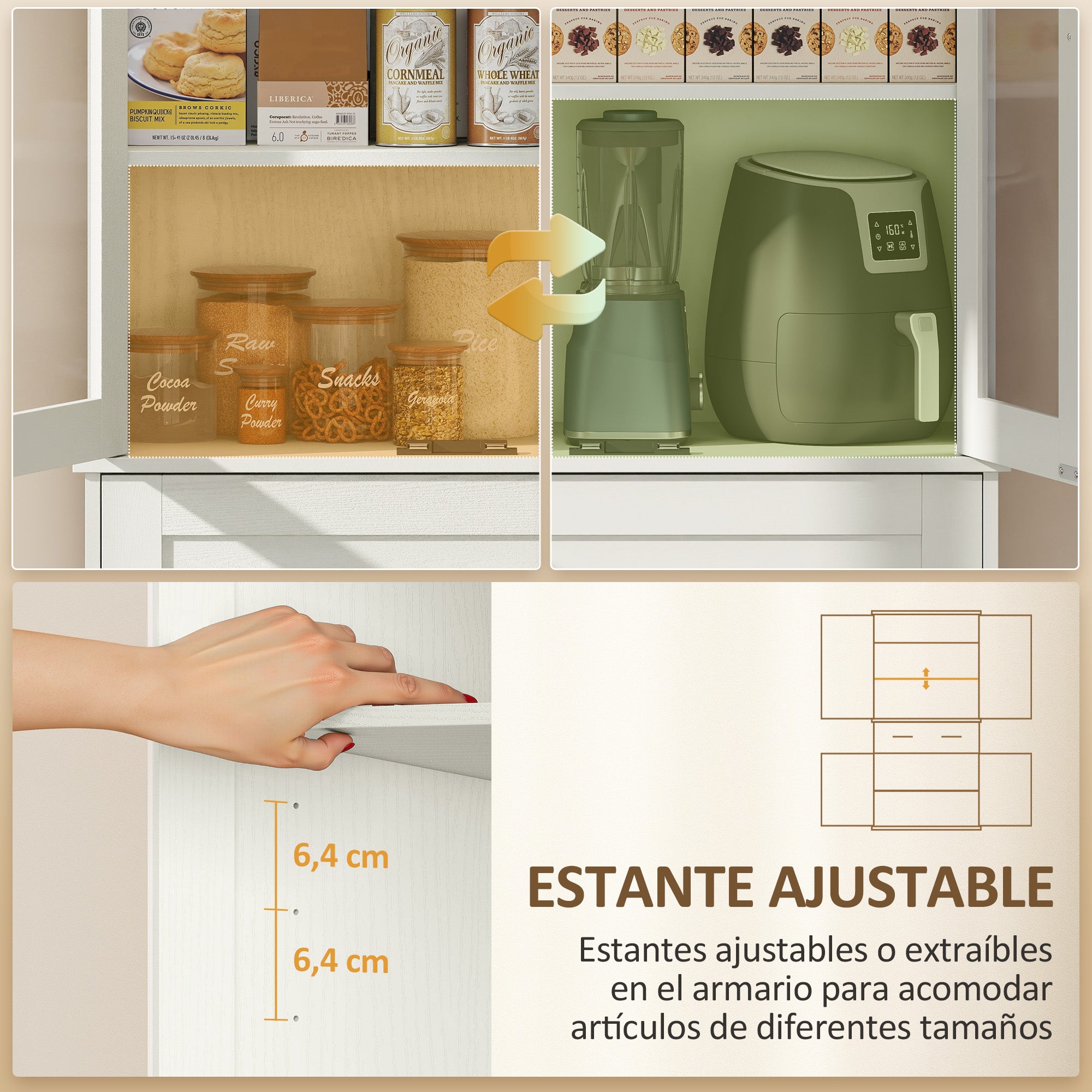 Kitchen Pantry Cabinet, Storage Cupboard with 2 Acrylic Doors, Large Drawer & Adjustable Shelves for Dining Room, 76 x 40 x 182.5 cm (29.9 x 15.7 x 71.9 in), Cream