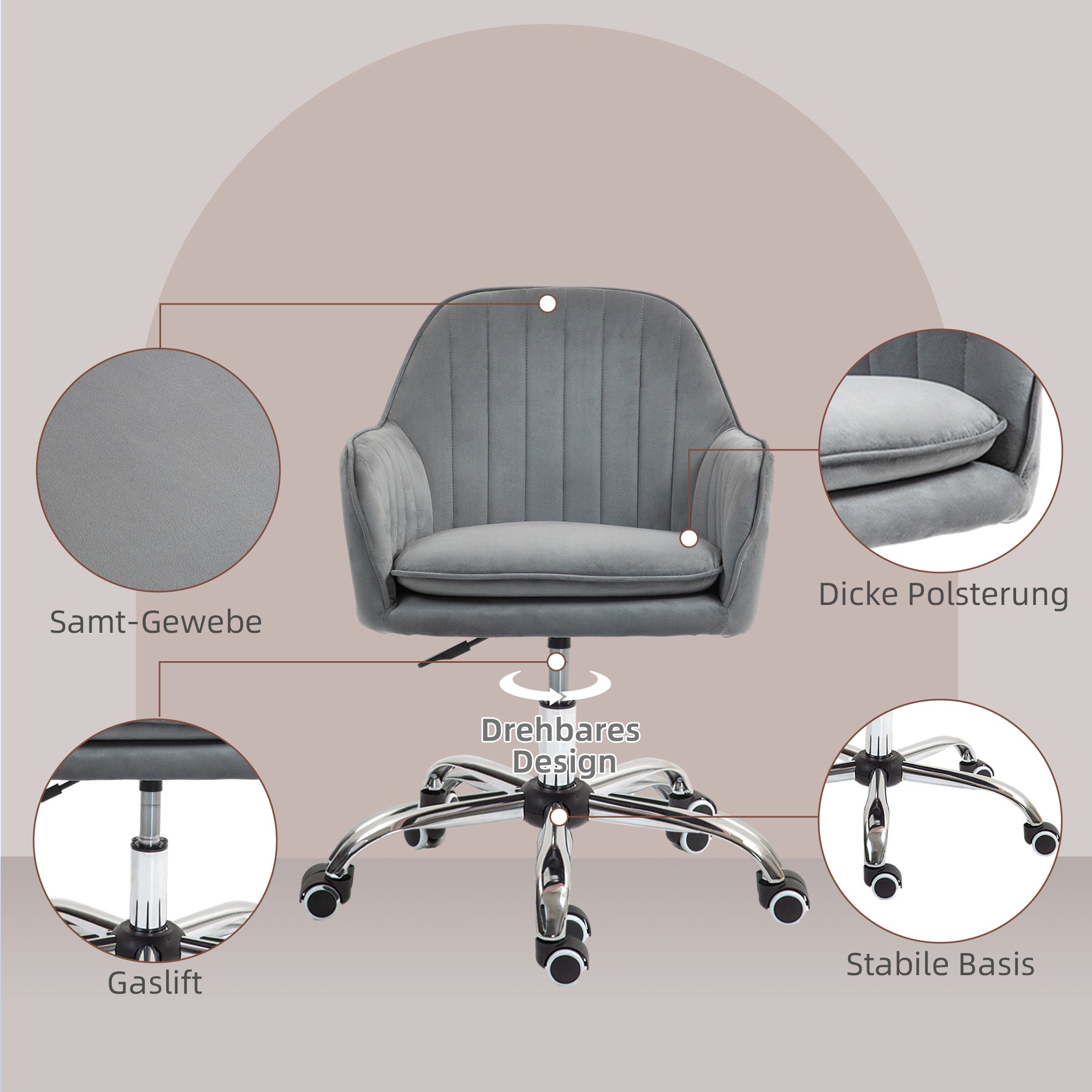 Height Adjustable Desk Chair Swivel Office Chair Home Office Chair with Backrest and Armrest Velvet Look Vanity Chair for Study, Gray