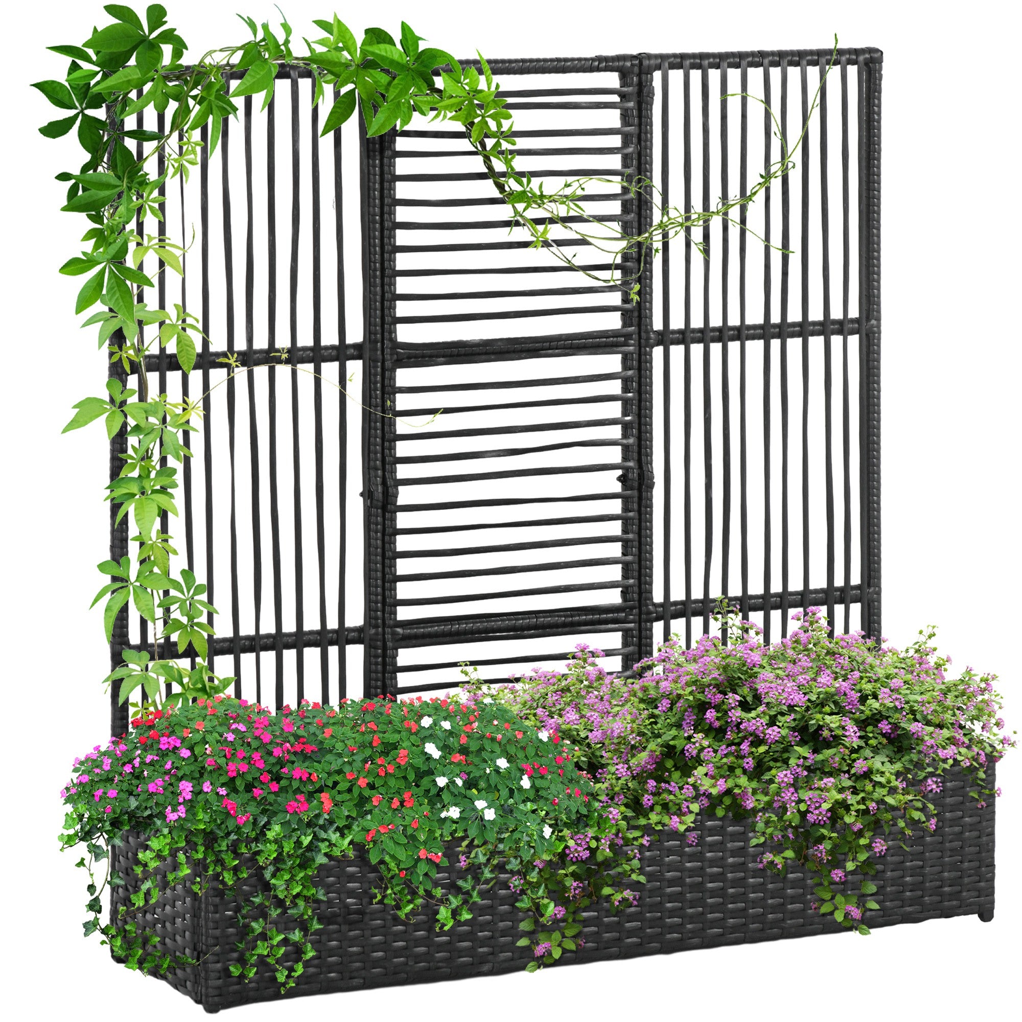 Raised Bed with Trellis in Rattan-Style Planter Box with Trellis for Climbing Plants Flower Box Flower Bed Plant Pot Trellis for Garden, Balcony, 103 x 103 x 29 cm Black