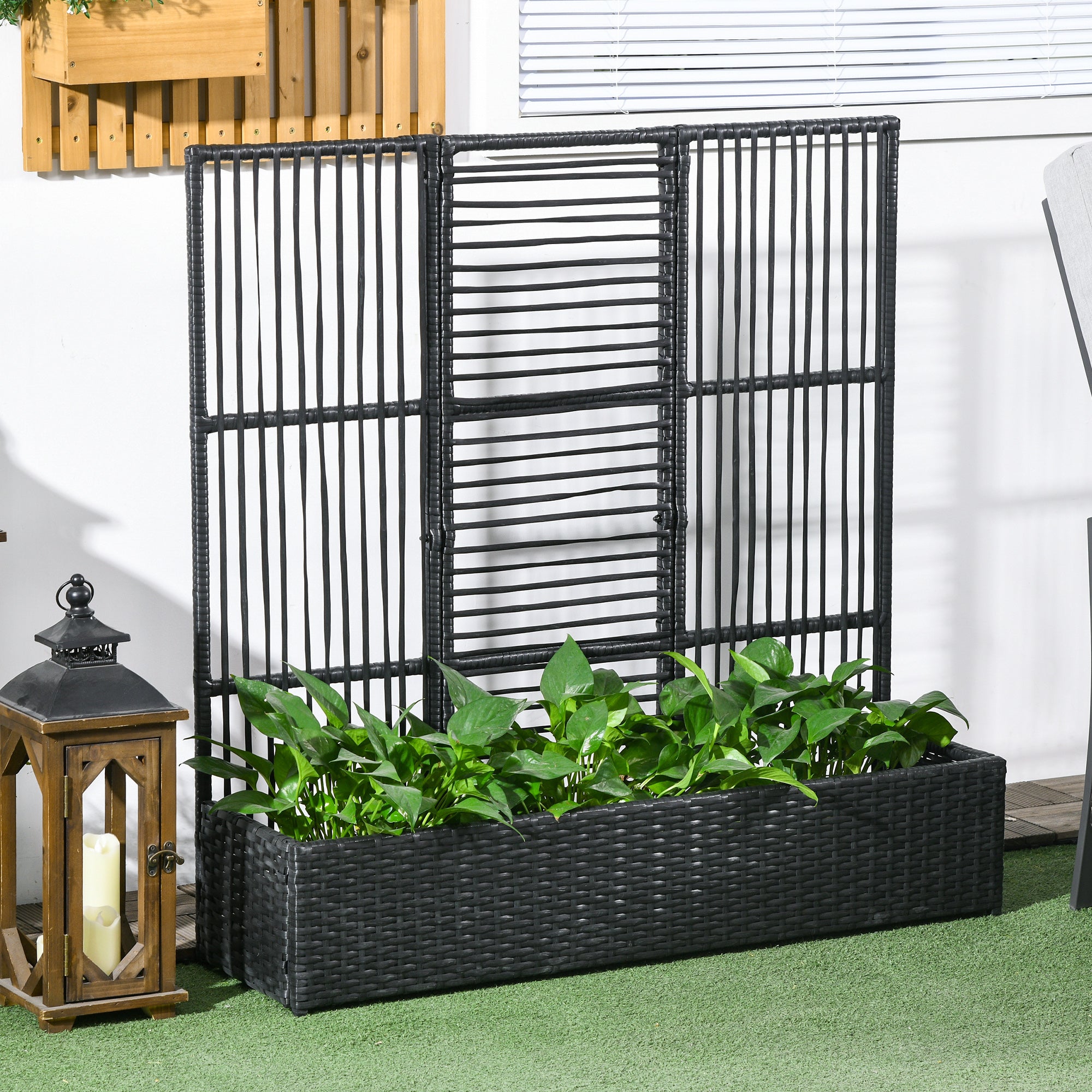 Raised Bed with Trellis in Rattan-Style Planter Box with Trellis for Climbing Plants Flower Box Flower Bed Plant Pot Trellis for Garden, Balcony, 103 x 103 x 29 cm Black