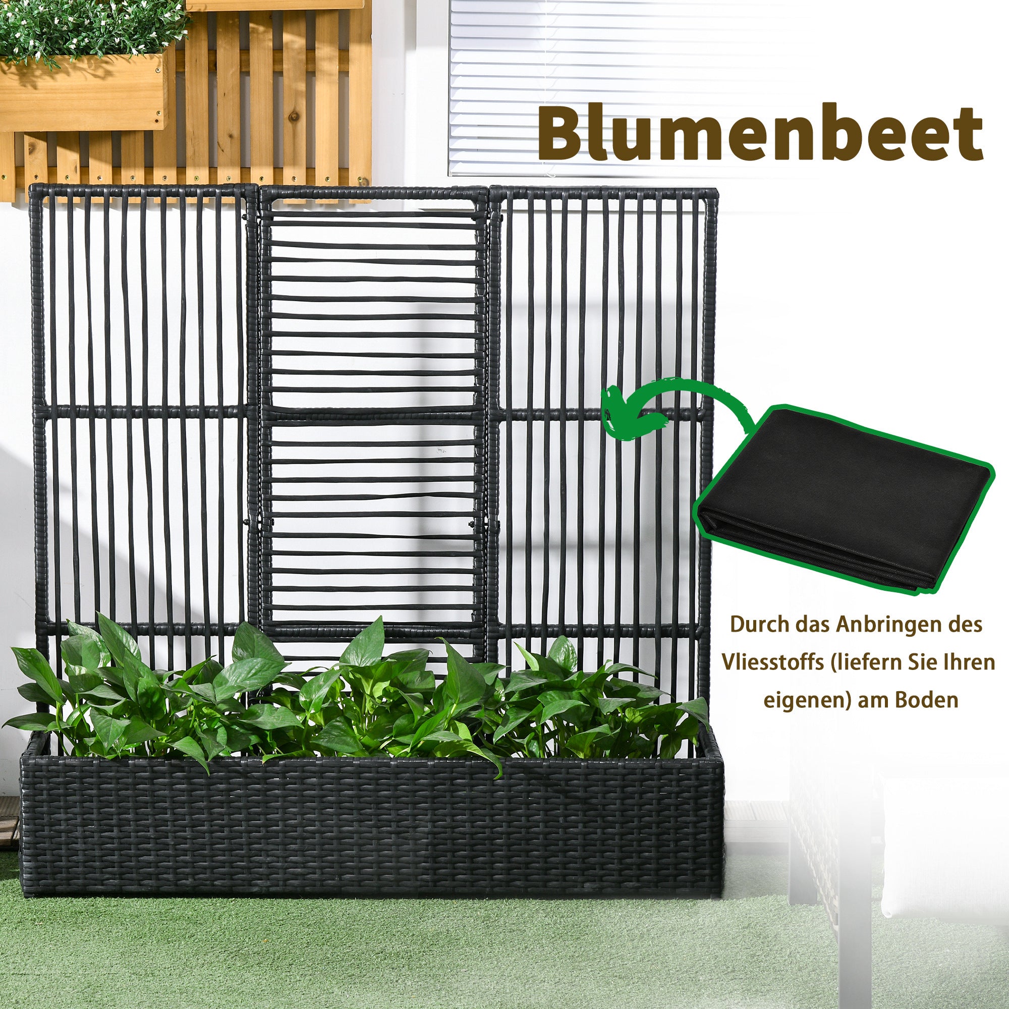 Raised Bed with Trellis in Rattan-Style Planter Box with Trellis for Climbing Plants Flower Box Flower Bed Plant Pot Trellis for Garden, Balcony, 103 x 103 x 29 cm Black