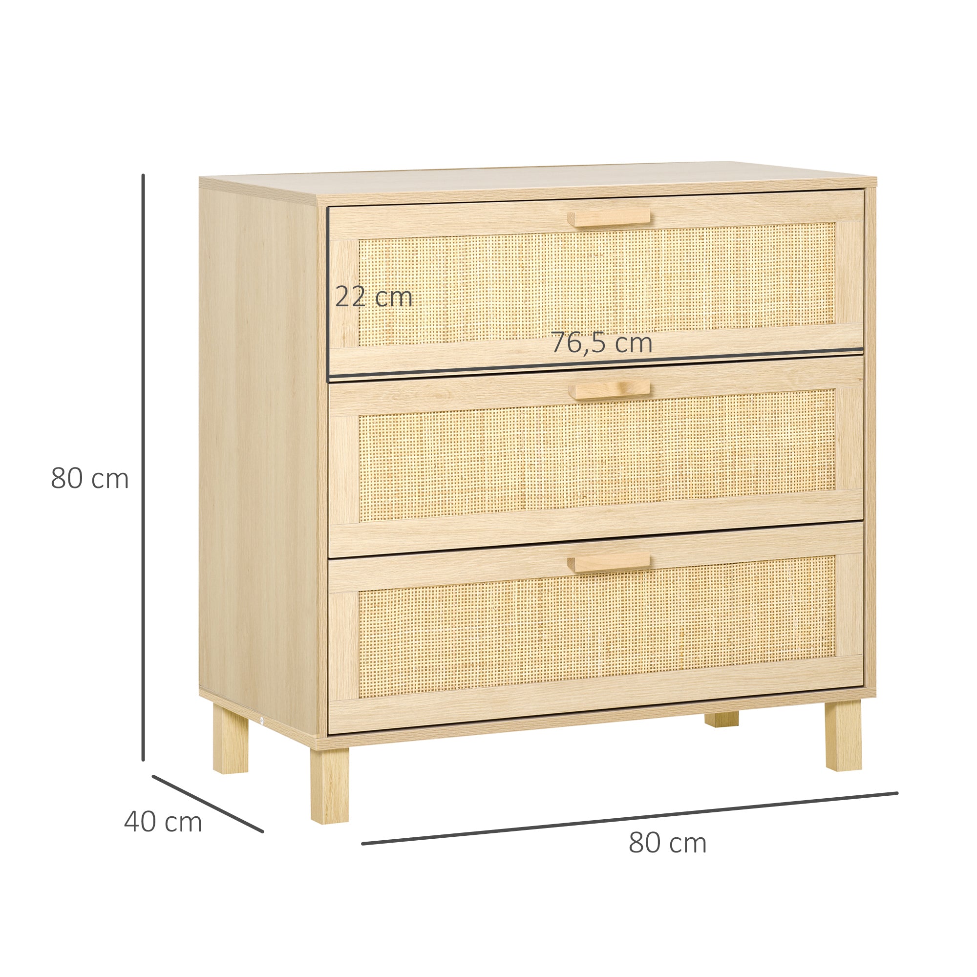 3-Drawer Chest with Rattan Cane Dimensions 80L x 40W x 80H cm E1 Class MDF Light Wood Look