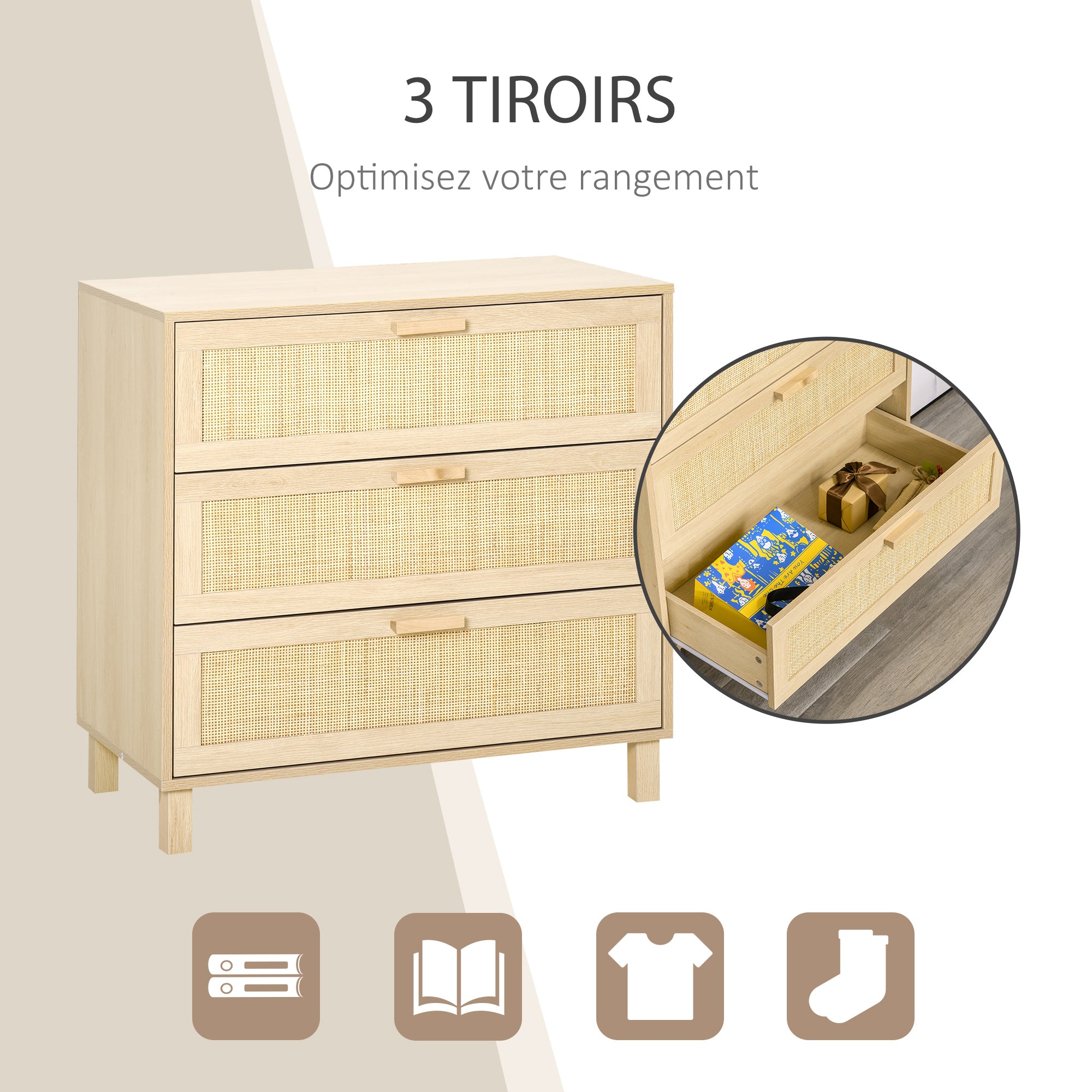 3-Drawer Chest with Rattan Cane Dimensions 80L x 40W x 80H cm E1 Class MDF Light Wood Look