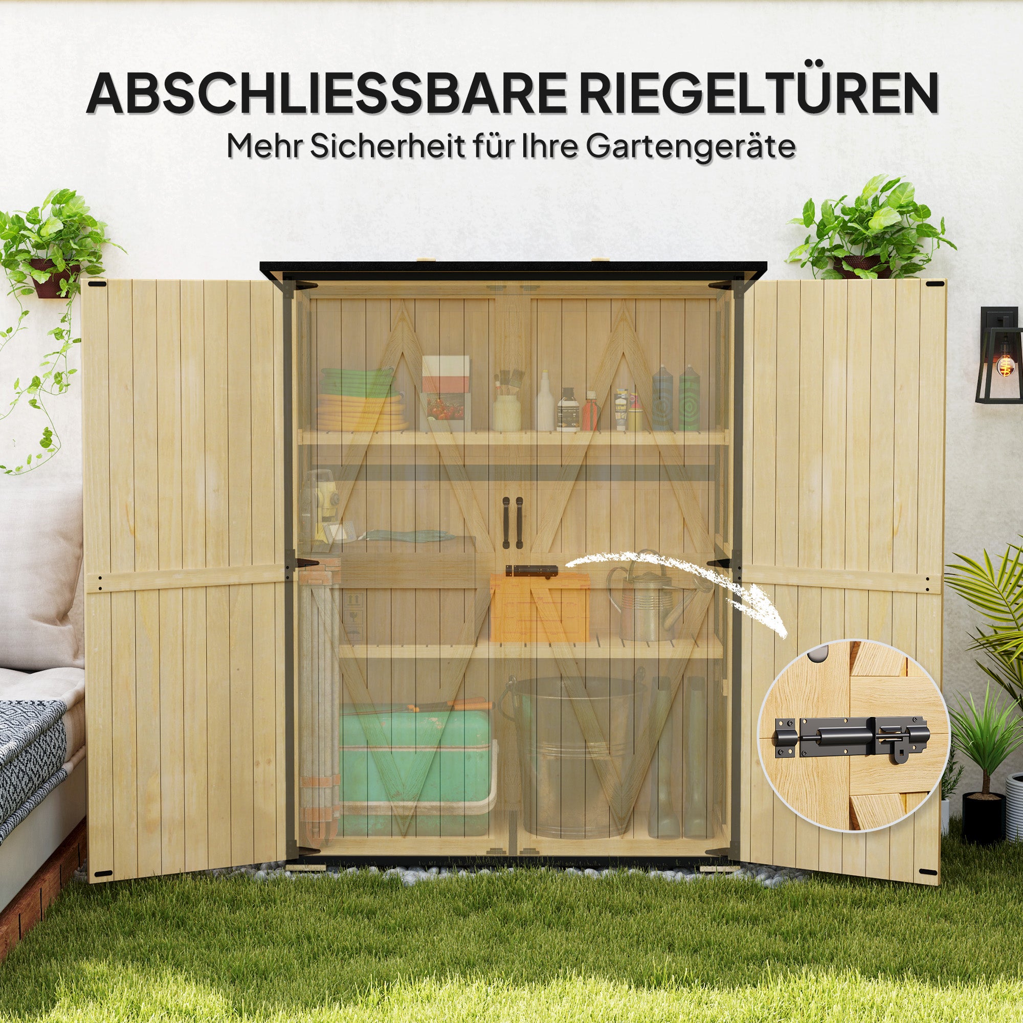 Garden Cabinet, Equipment Shed made of Wood, Weatherproof Equipment Cabinet with 2 Doors, Shelves, Tool House with Asphalt Roof, Tool Cabinet for Garden, Terrace, 140 x 74 x 173 cm, Natural Wood