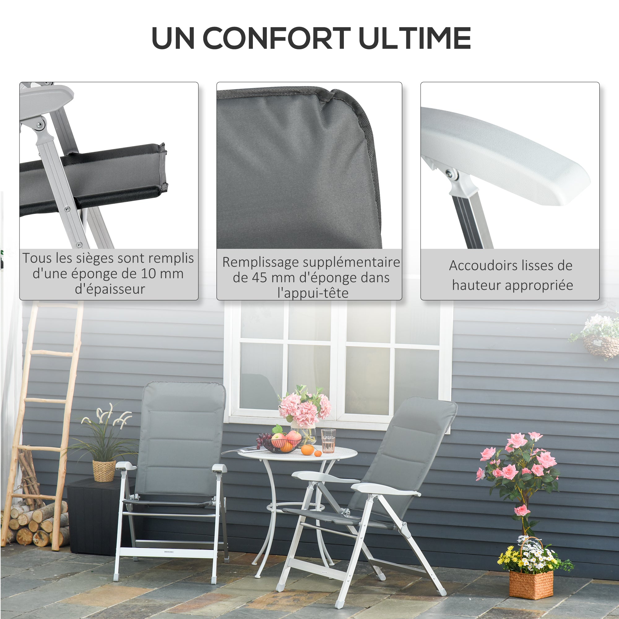 Set of 2 folding garden chairs outdoor high back reclining multi-position armchair headrest aluminum water-repellent Oxford gray