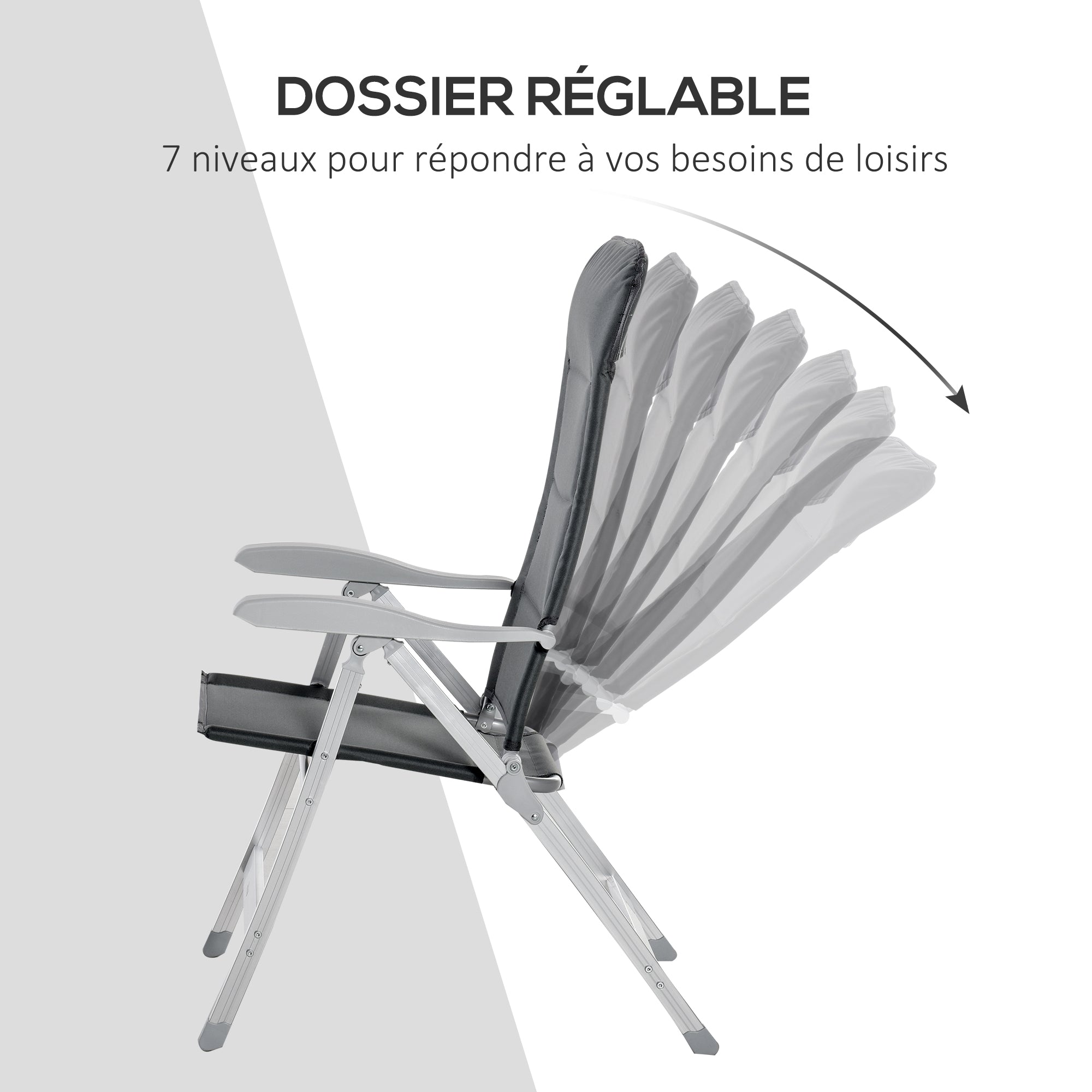 Set of 2 folding garden chairs outdoor high back reclining multi-position armchair headrest aluminum water-repellent Oxford gray