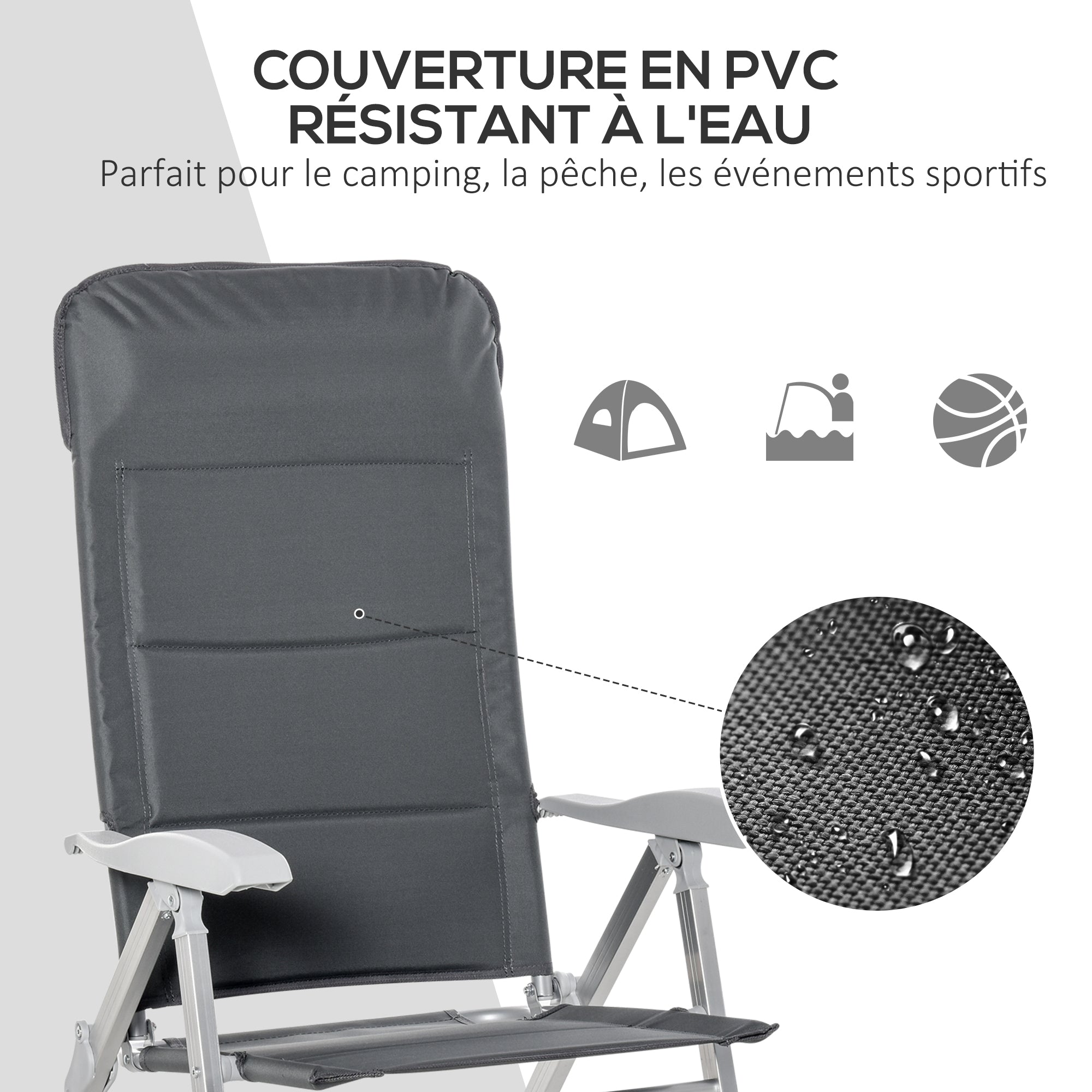 Set of 2 folding garden chairs outdoor high back reclining multi-position armchair headrest aluminum water-repellent Oxford gray
