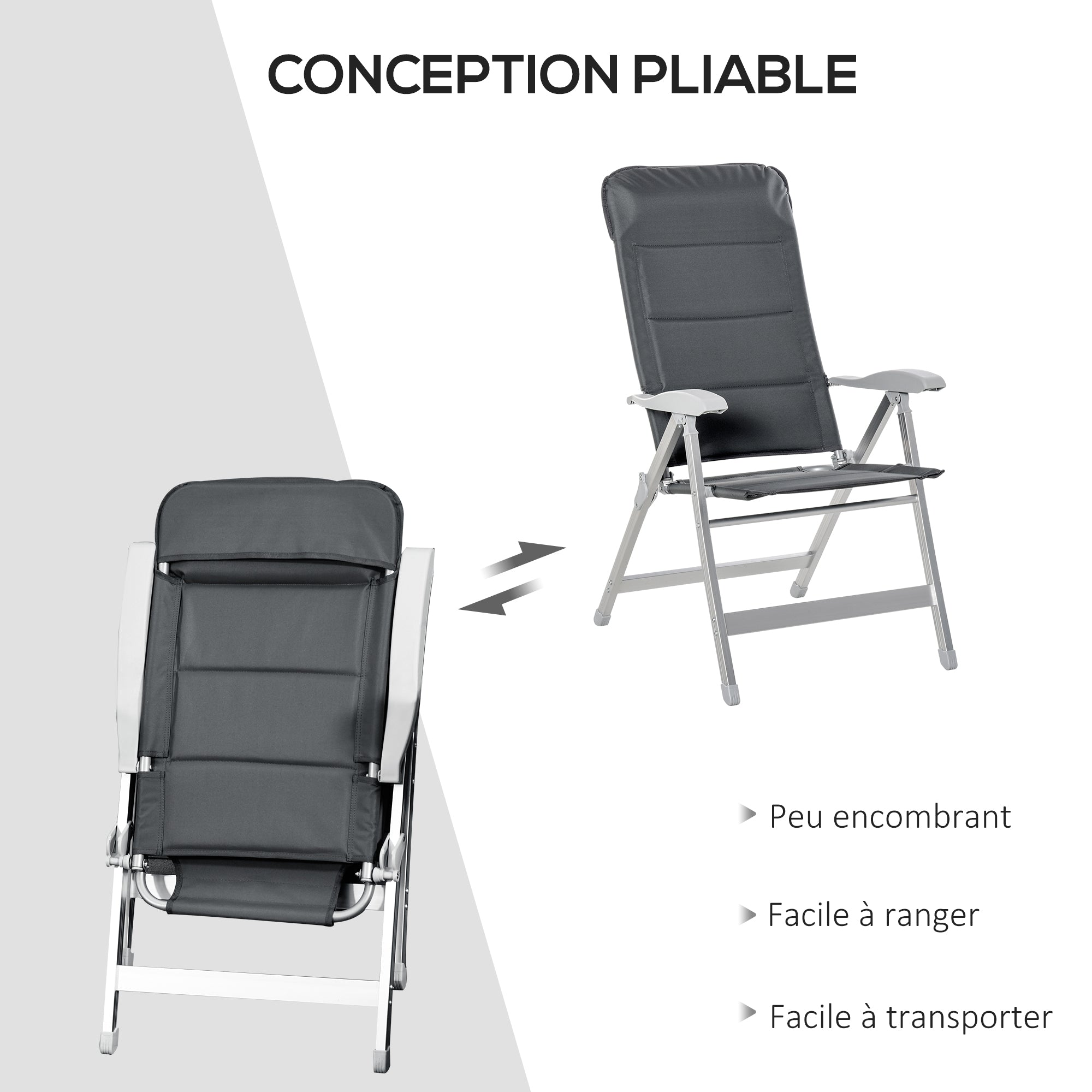 Set of 2 folding garden chairs outdoor high back reclining multi-position armchair headrest aluminum water-repellent Oxford gray