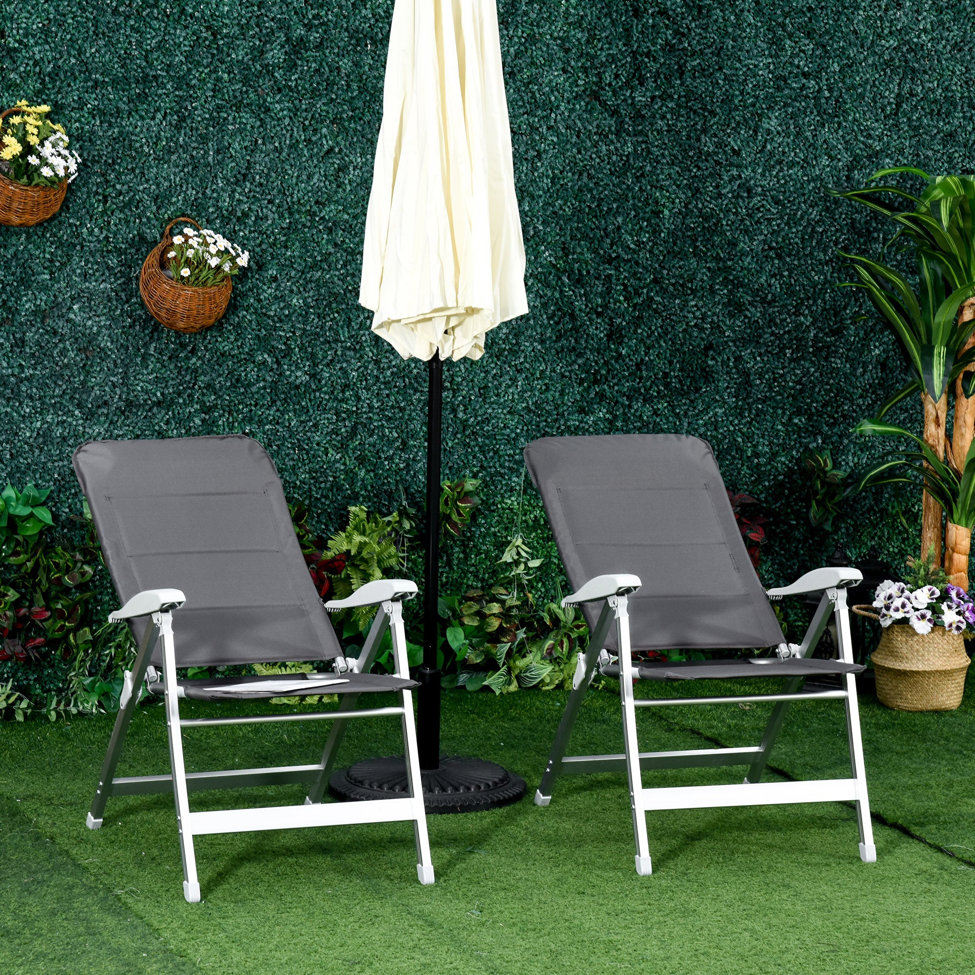 Set of 2 folding garden chairs outdoor high back reclining multi-position armchair headrest aluminum water-repellent Oxford gray