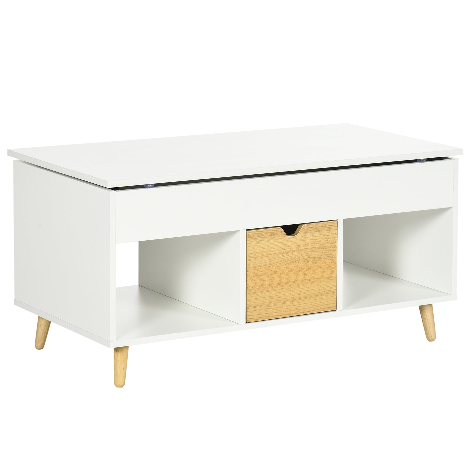 Rectangular coffee table with lift top, 1 drawer, 2 compartments, and chest - in light wood and white finish - dim. 100L x 50W x 49H cm