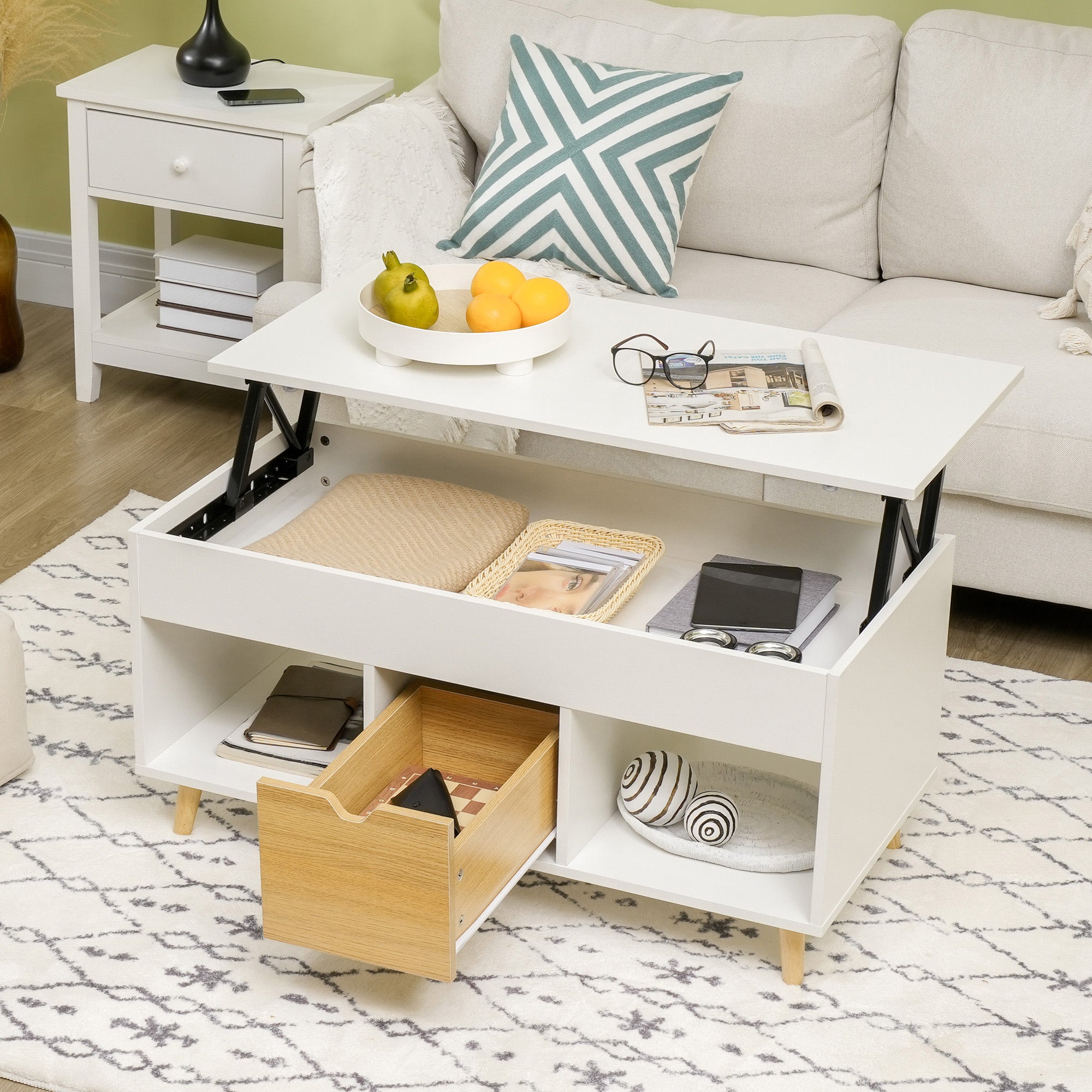 Rectangular coffee table with lift top, 1 drawer, 2 compartments, and chest - in light wood and white finish - dim. 100L x 50W x 49H cm