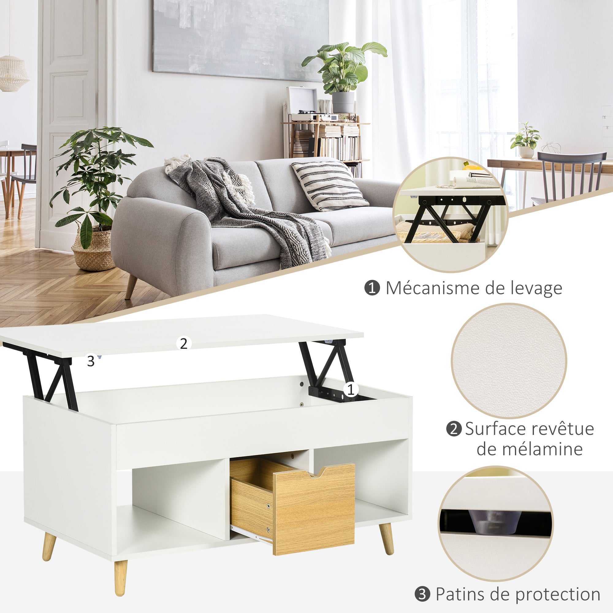 Rectangular coffee table with lift top, 1 drawer, 2 compartments, and chest - in light wood and white finish - dim. 100L x 50W x 49H cm