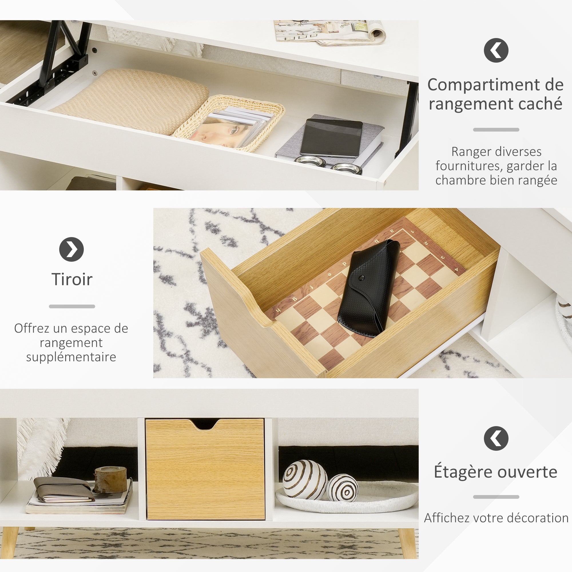 Rectangular coffee table with lift top, 1 drawer, 2 compartments, and chest - in light wood and white finish - dim. 100L x 50W x 49H cm