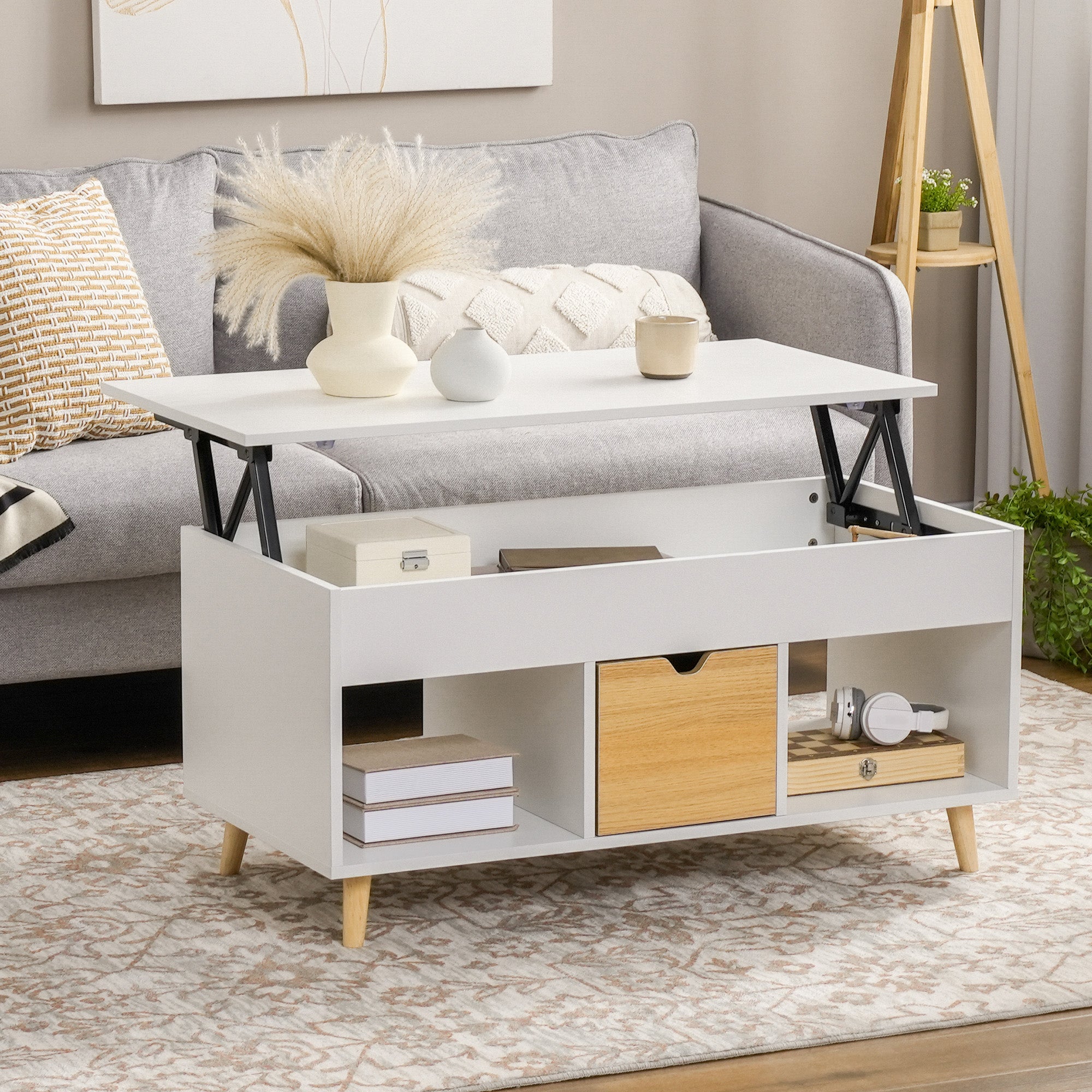 Rectangular coffee table with lift top, 1 drawer, 2 compartments, and chest - in light wood and white finish - dim. 100L x 50W x 49H cm