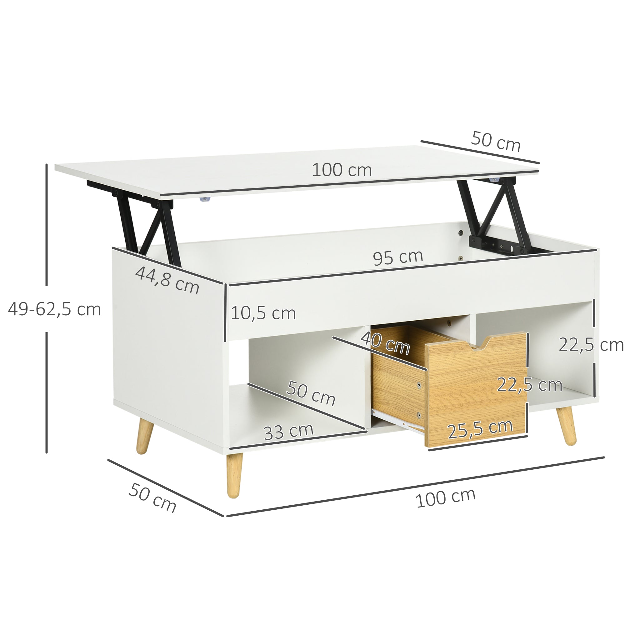 Rectangular coffee table with lift top, 1 drawer, 2 compartments, and chest - in light wood and white finish - dim. 100L x 50W x 49H cm