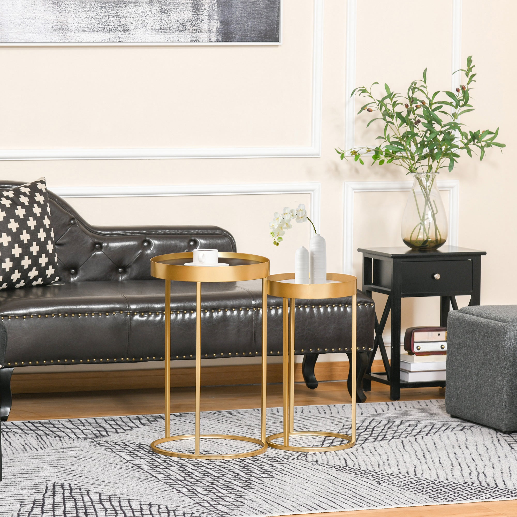 Set of 2 Modern Coffee Tables Stackable Set of 2 Center Tables Metal Structure Gold Living Room Ø39x63 cm and Ø30.8x56 cm Black and White Tabletop