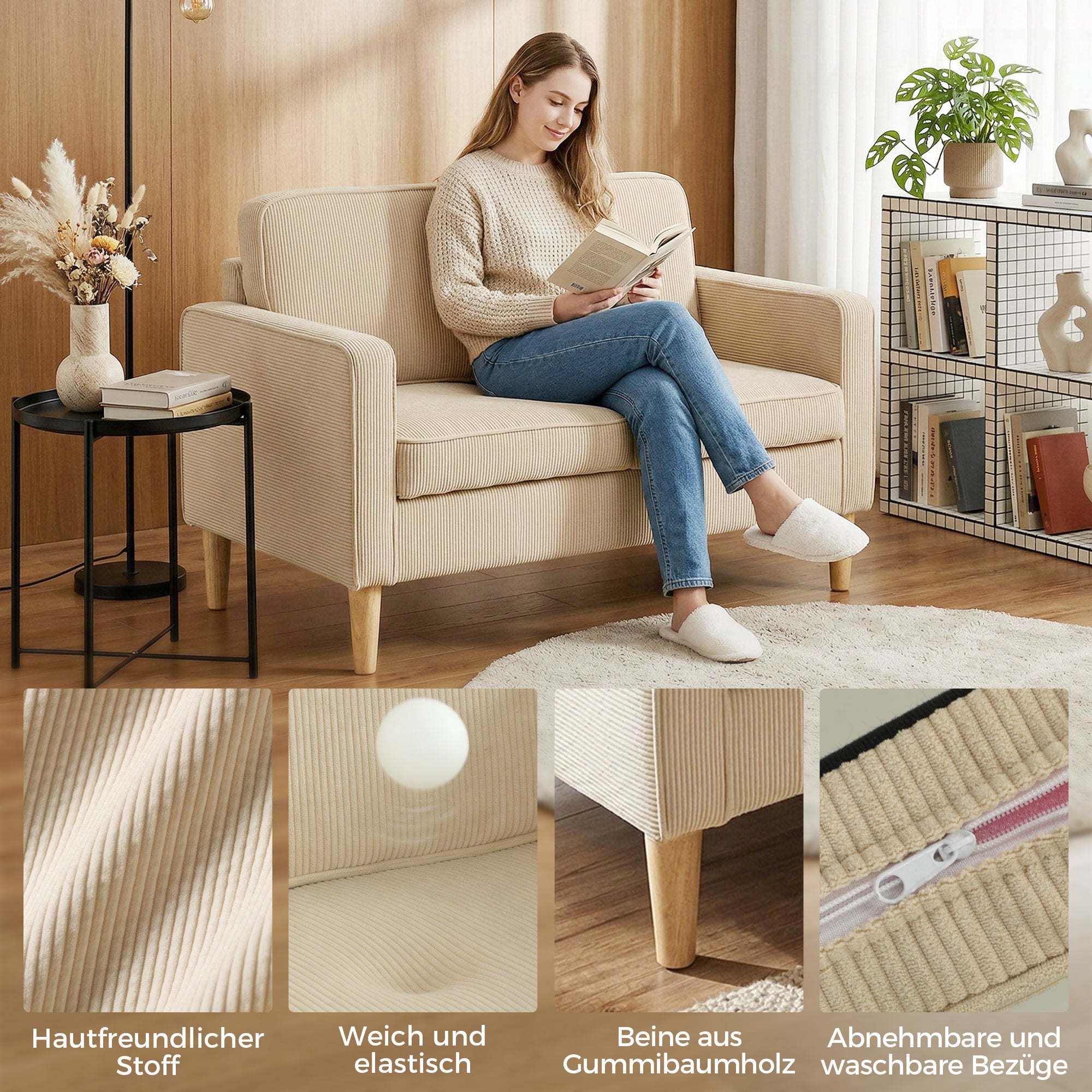 2-Seater Corduroy Loveseat with Under-Seat Storage & 2 Throw Pillows, Solid Wood Legs — Beige (46.1" x 24.8" x 31.1")