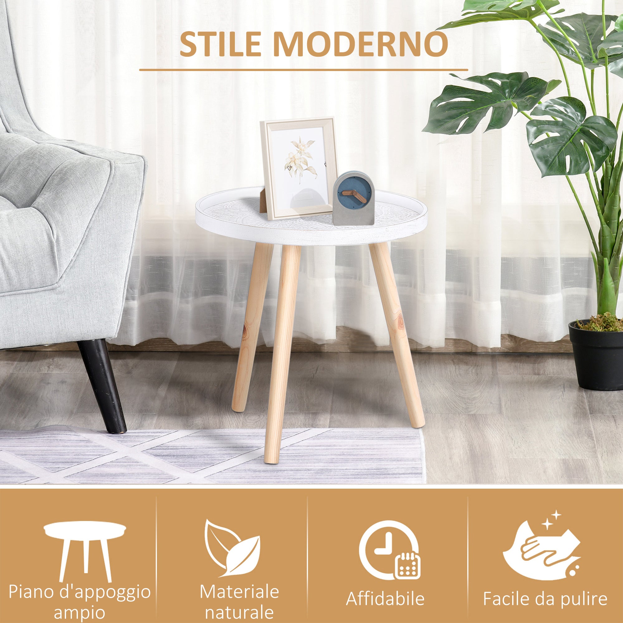 Modern Round Coffee Table, Coffee Table with Raised Edge and Three Legs, for Bedroom and Living Room, in White and Gold Wood