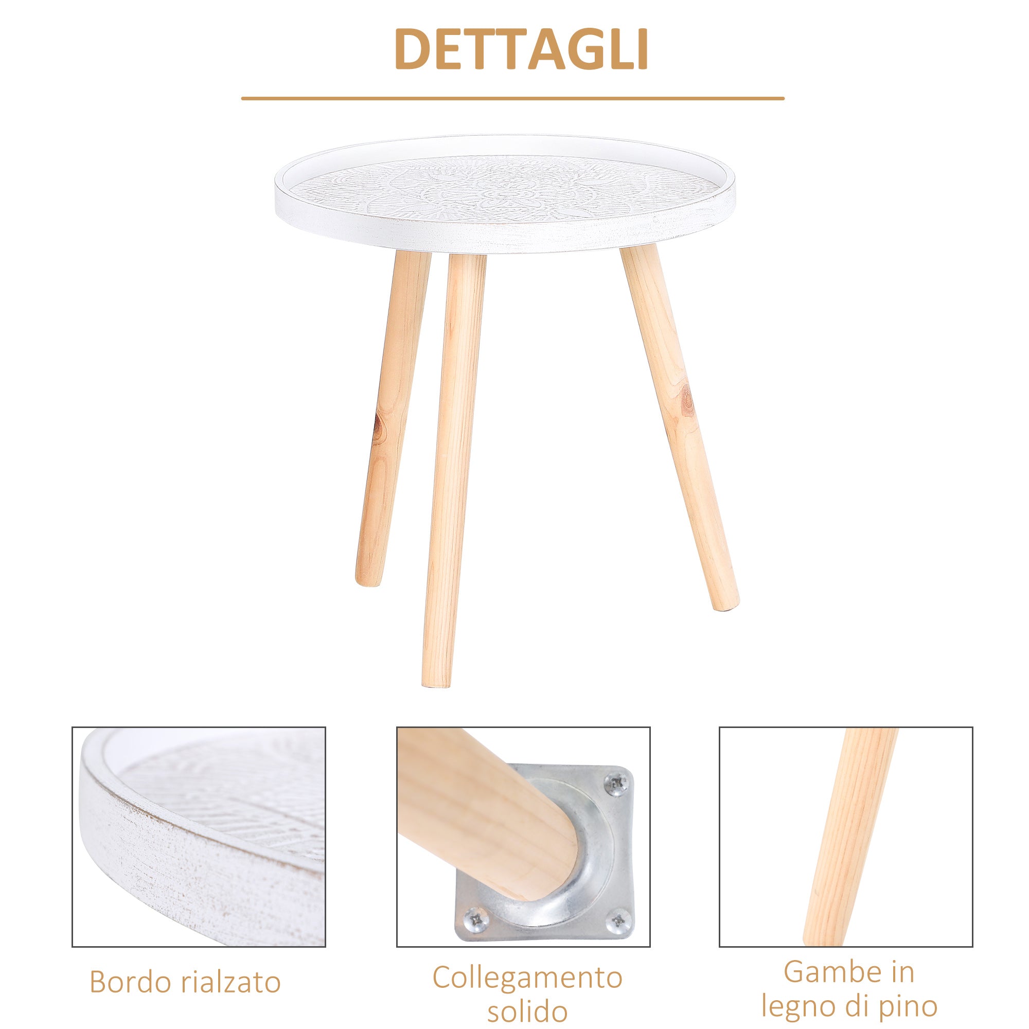 Modern Round Coffee Table, Coffee Table with Raised Edge and Three Legs, for Bedroom and Living Room, in White and Gold Wood